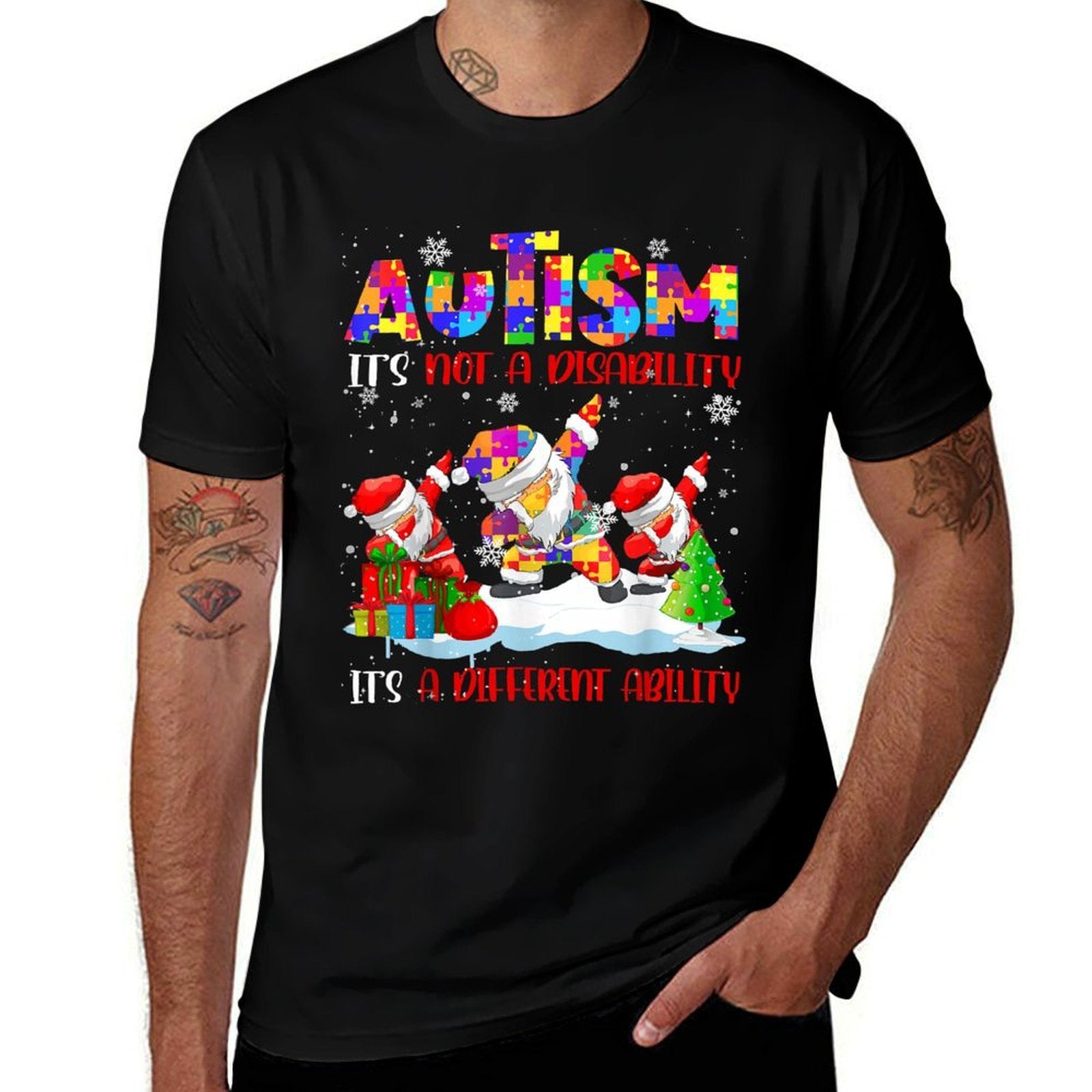Autism Its Not A Disability Dabbing Santa Christmas Autism  Trendy Pattern T-Shirt