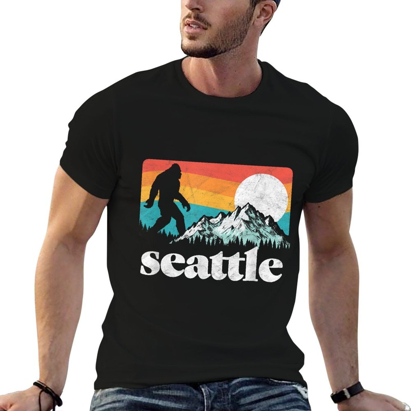 Seattle Washington Bigfoot Mountains Retro Distressed 80s  Versatile T-Shirt