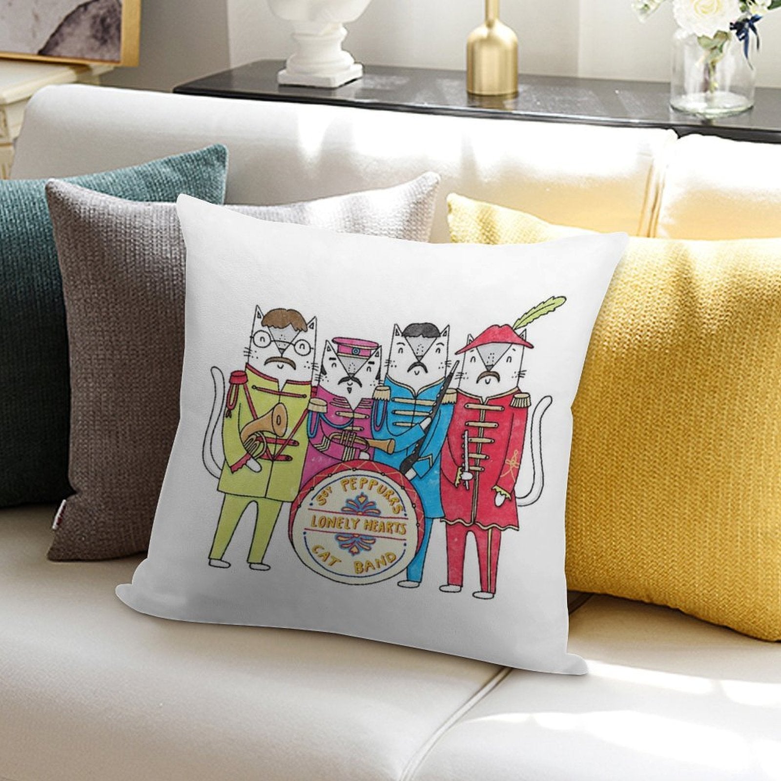 SGT Peppurr's Lonely Hearts Cats Band Soft Reinforced Edging Throw Pillow
