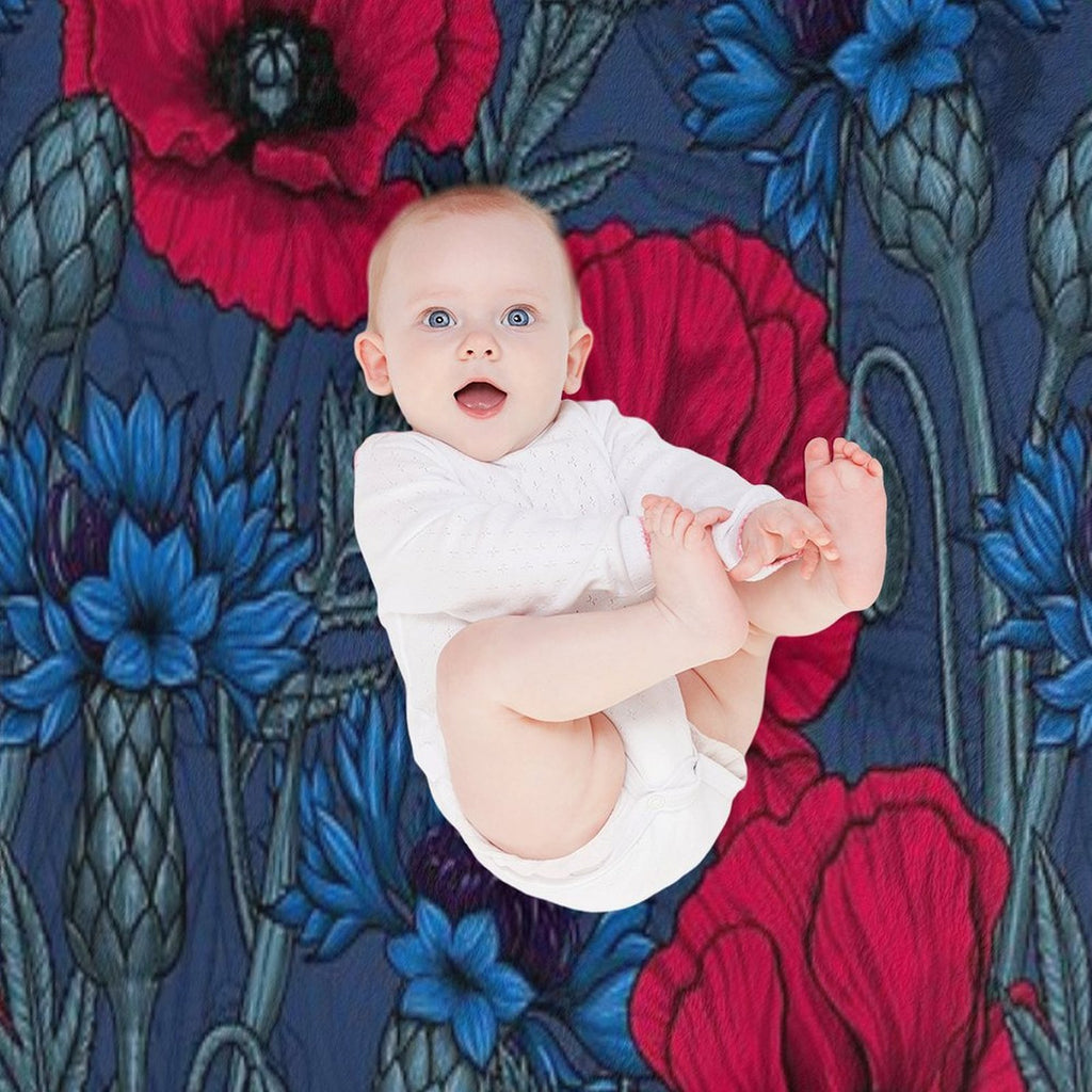 Red Poppies And Blue Cornflowers on Blue Shrink-resistant Throw Blanket