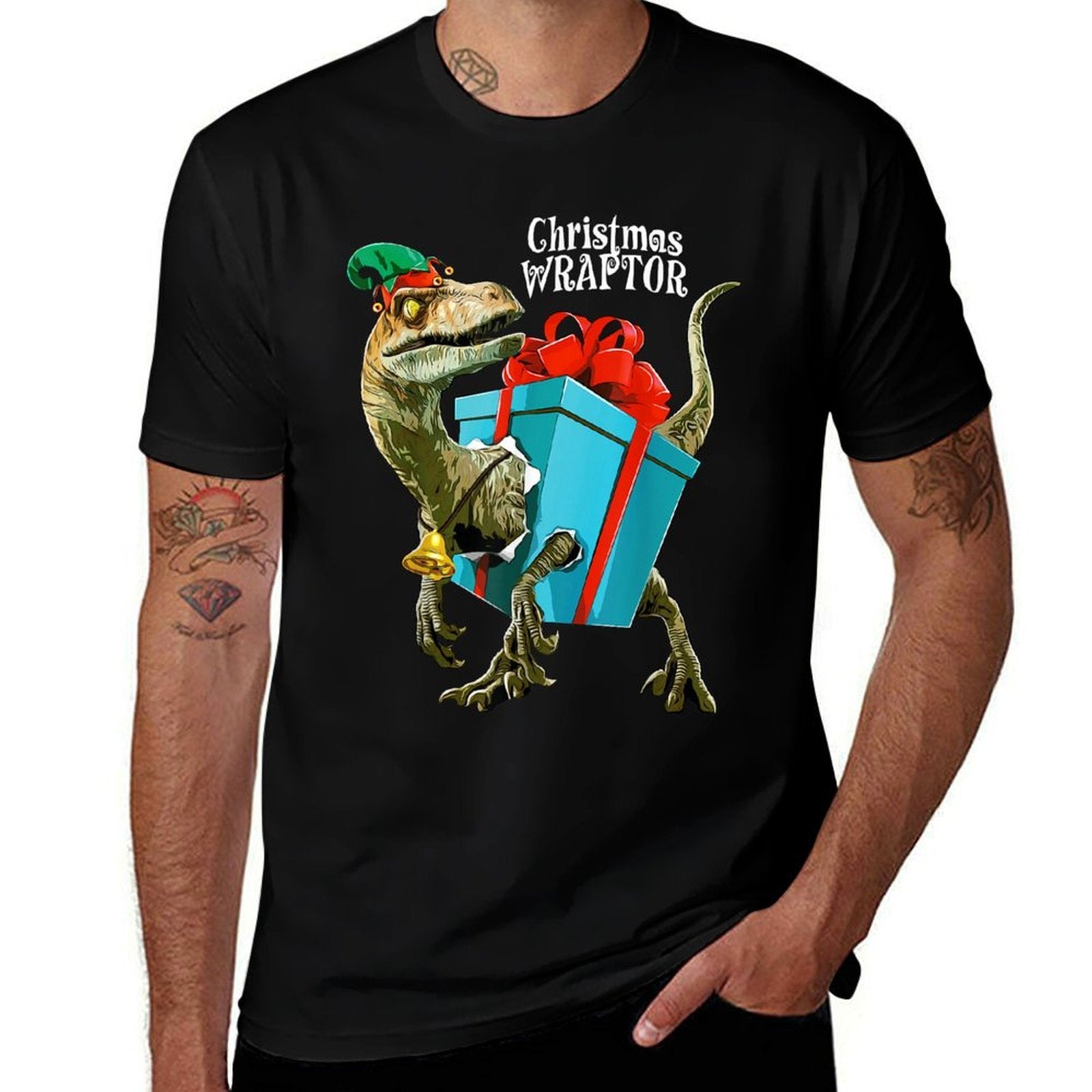 Funny Christmas Dinosaur for Kids Wraptor Velociraptor  Tagless Design T-Shirt