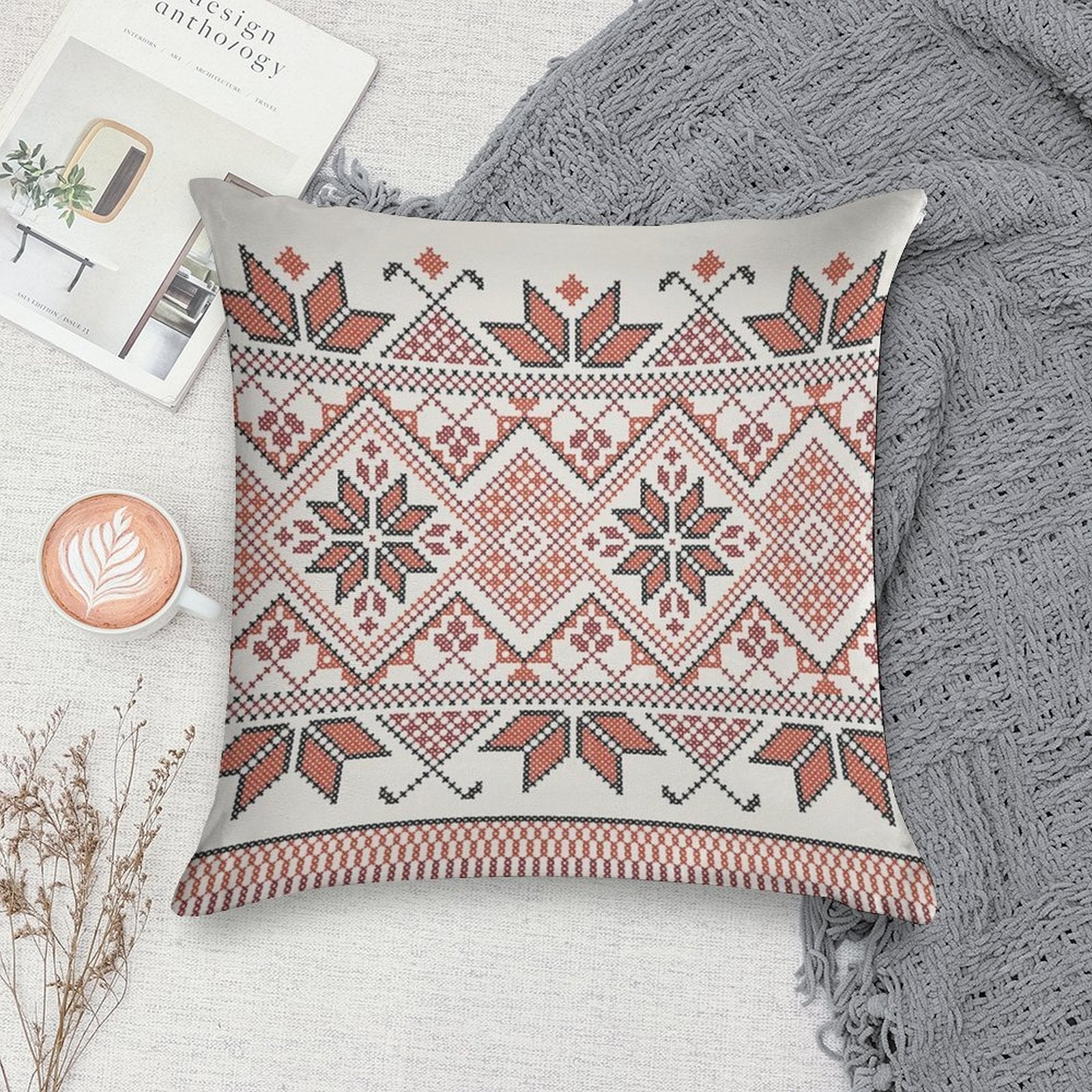 Palestinian Jordanian Tatreez Cross Stitch Realistic Traditional Embroidery Pattern Design #4 Soft Decorative Cover Throw Pillow