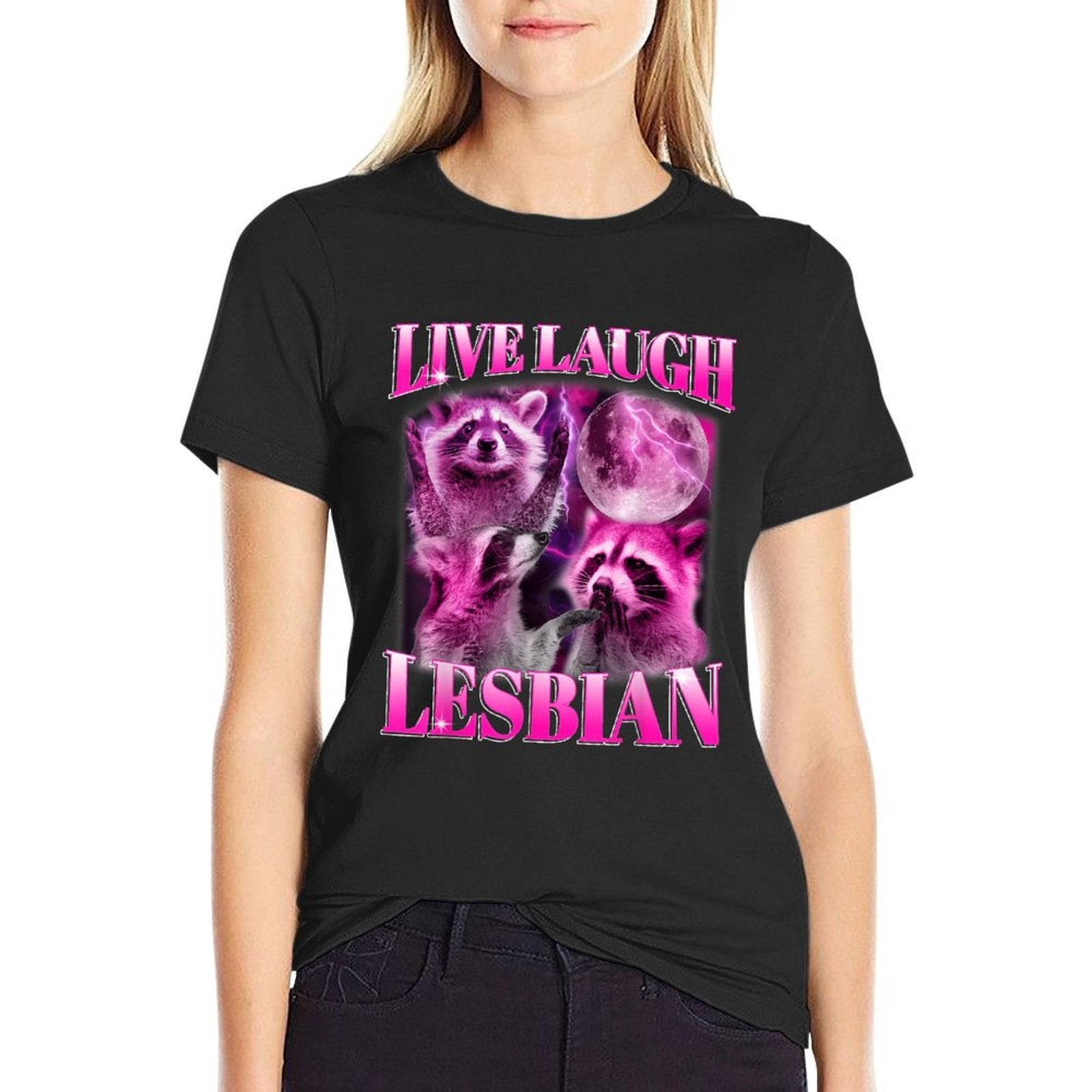 Funny Pink Raccoon Live Laugh Lesbian LGBTQ Pride Month  Lightweight T-Shirt