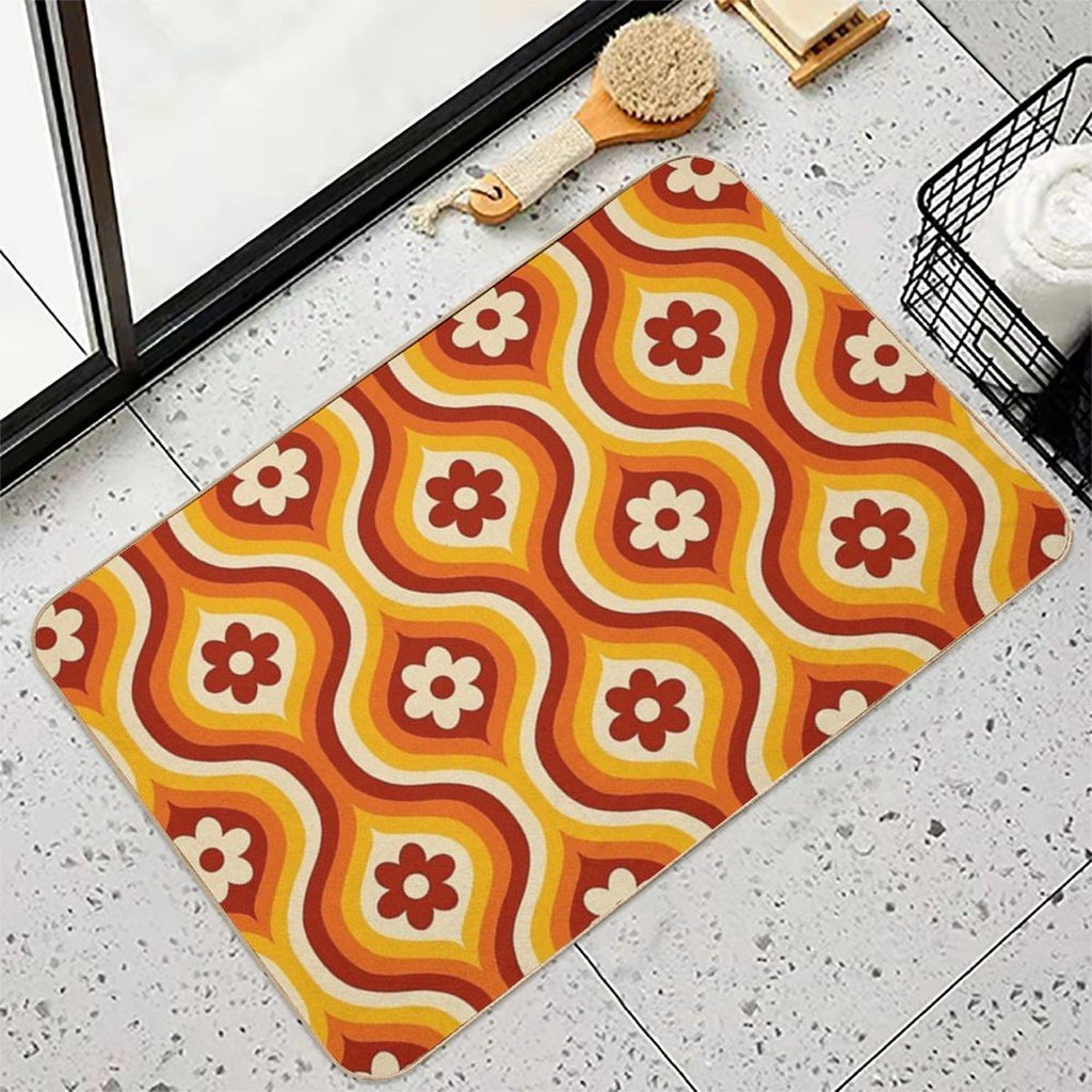 70s Groovy Daisy Ovals Pattern  Fade-Resistant Bath Mat