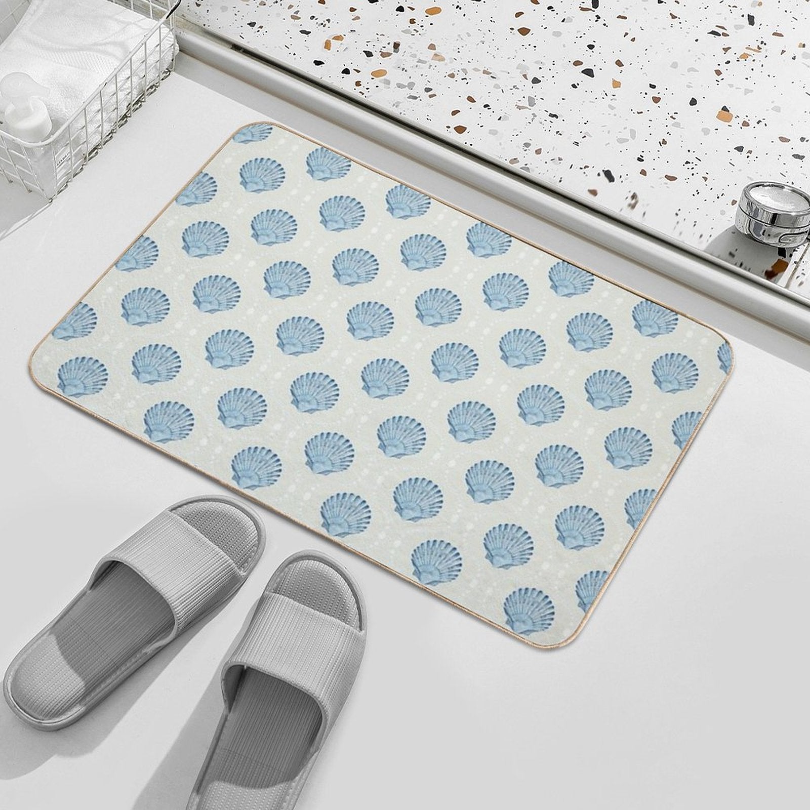 Scallops And Spots Neutral And Blue  Toxin-Free Bath Mat
