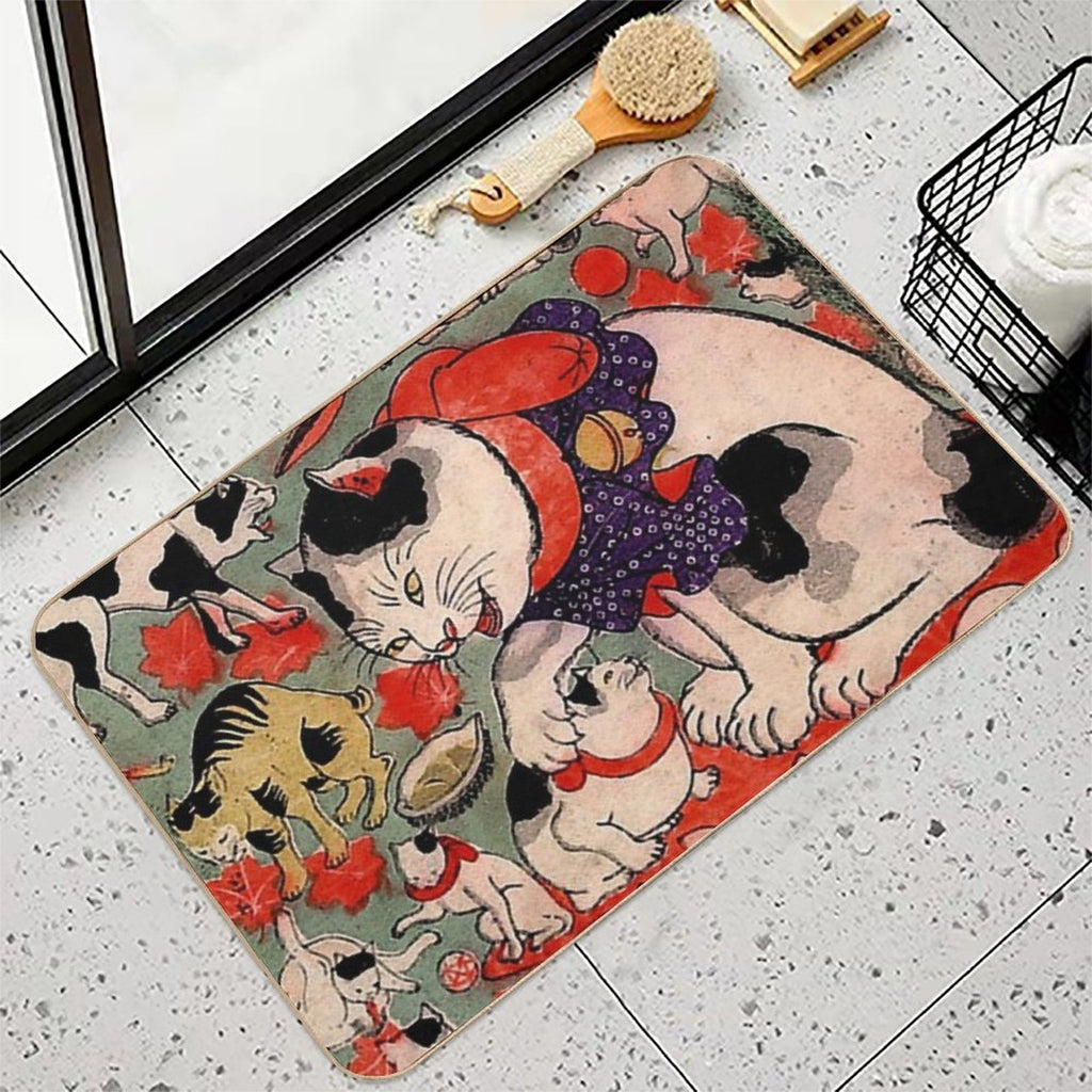 Antique Japanese Woodblock Print Cats ~ Cat Tattoo Flash  Versatile Bath Mat