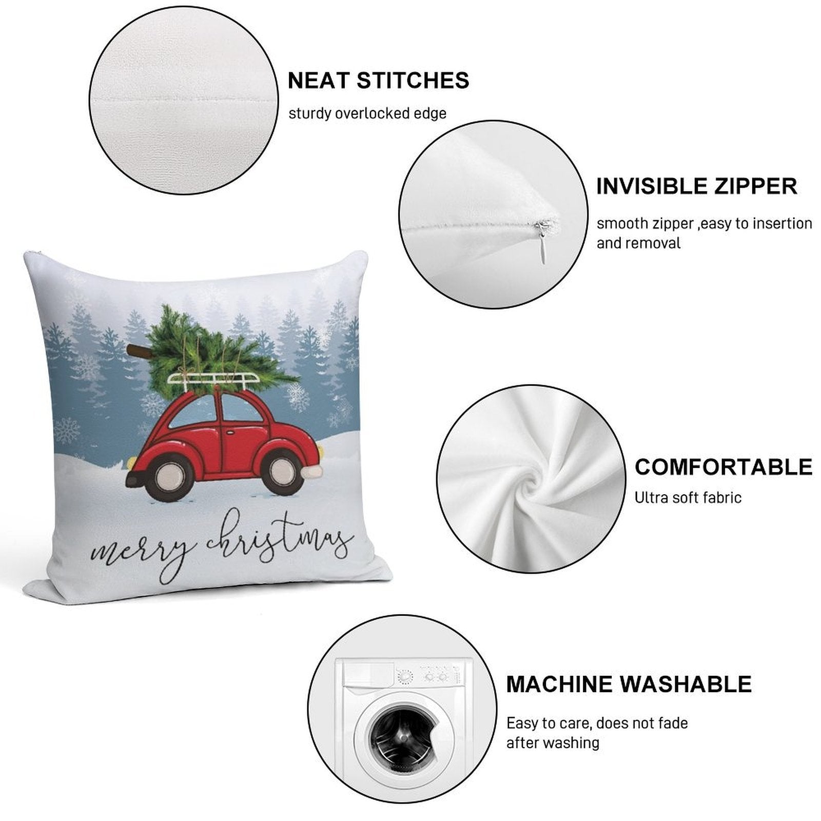 Red Car with Christmas Tree on Roof Soft Home Decor Throw Pillow