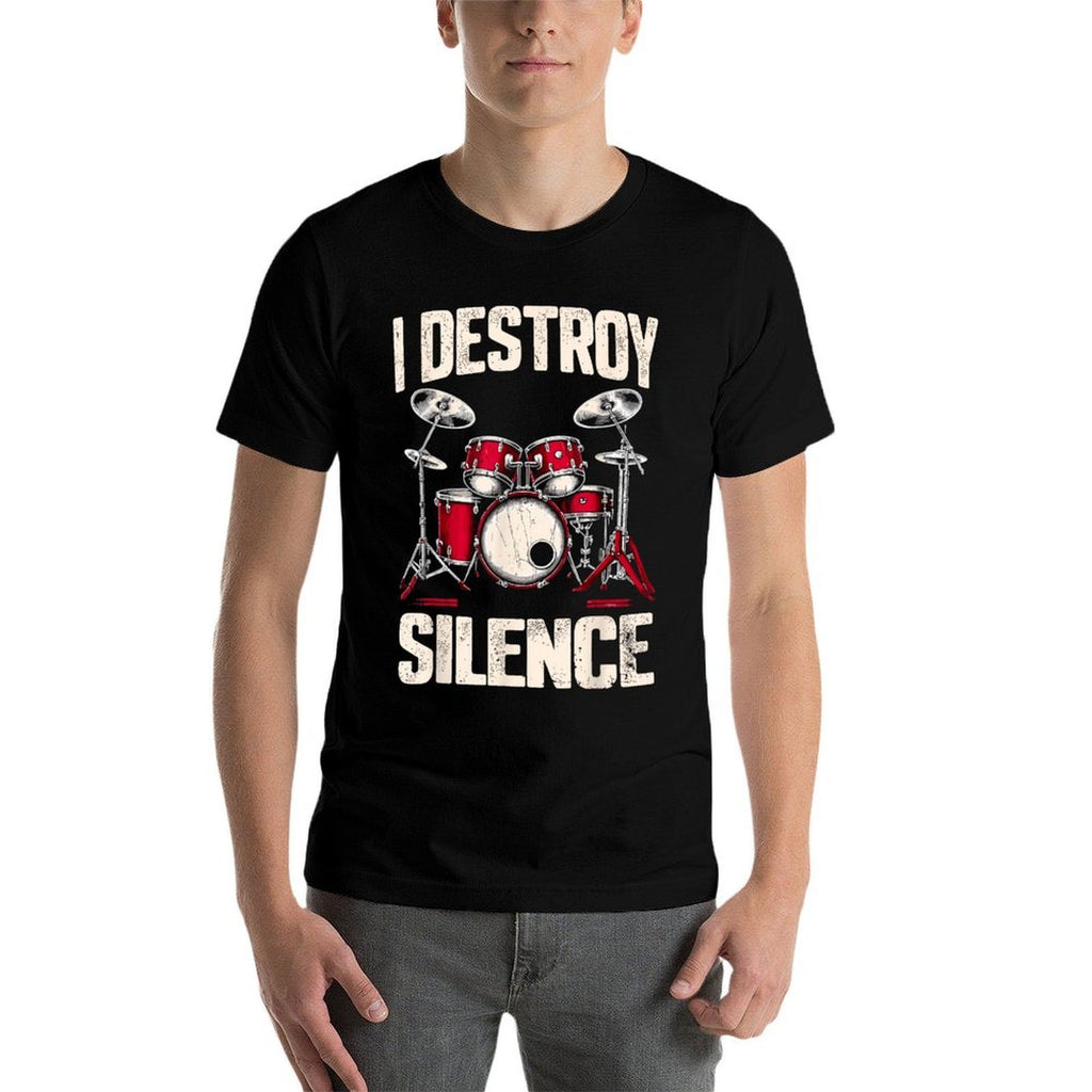 Drummer I Destroy Silence Drum, Small, Black  Graphic-printed T-Shirt