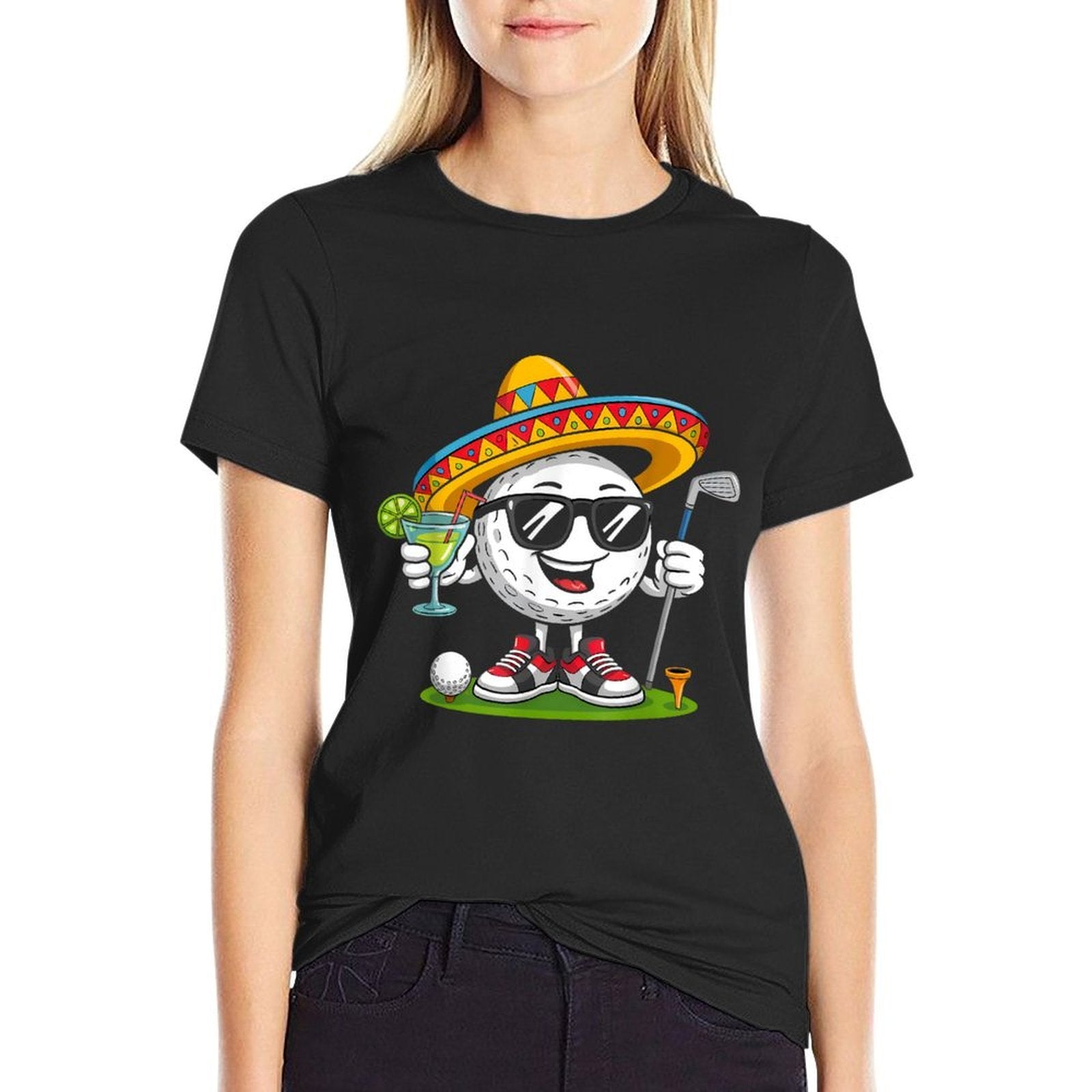 Funny Cinco De Mayo Golf Ball With Sombrero Margarita Golfer  Ribbed Collar T-Shirt