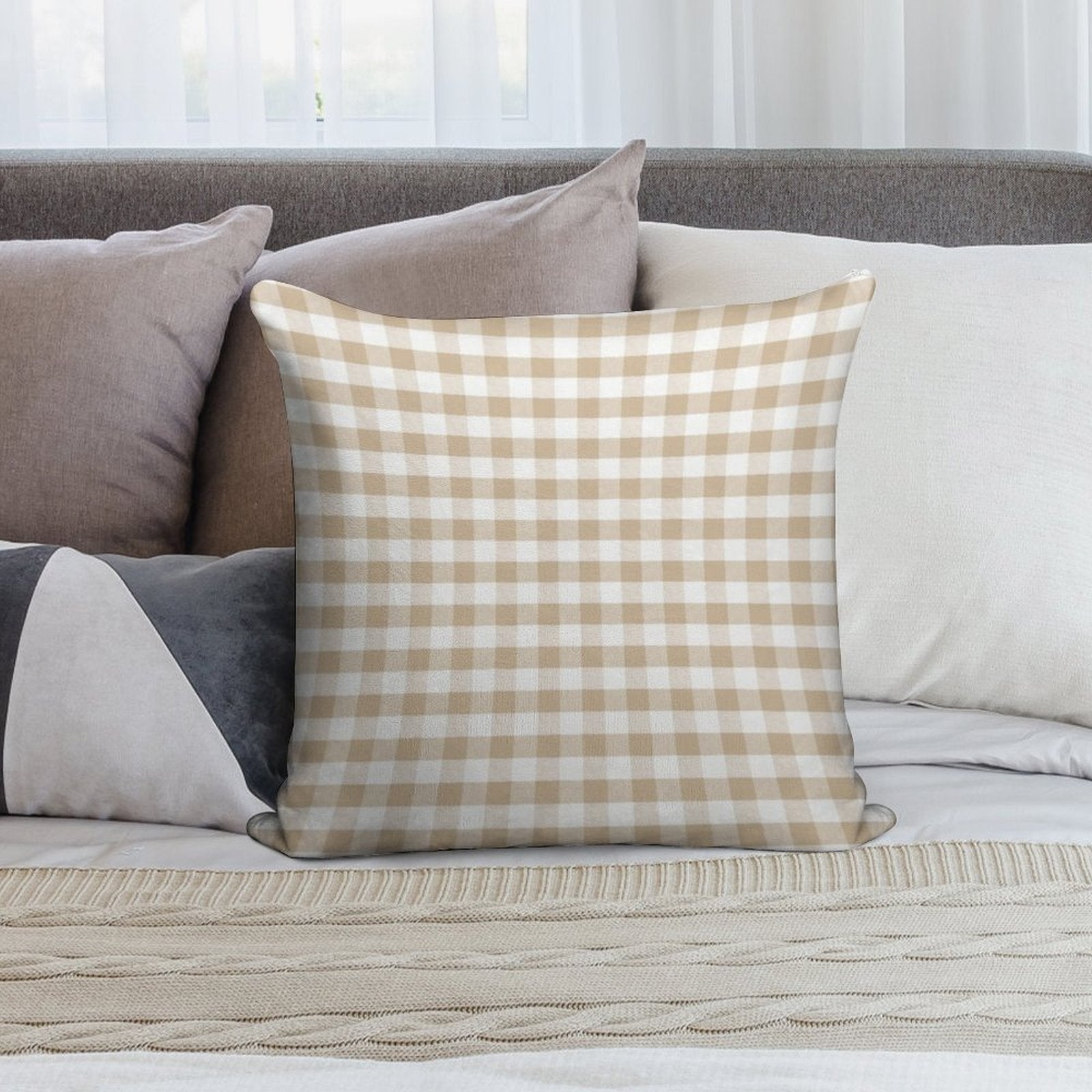 Almond Buff Tan Gingham Soft Gift Ready Throw Pillow