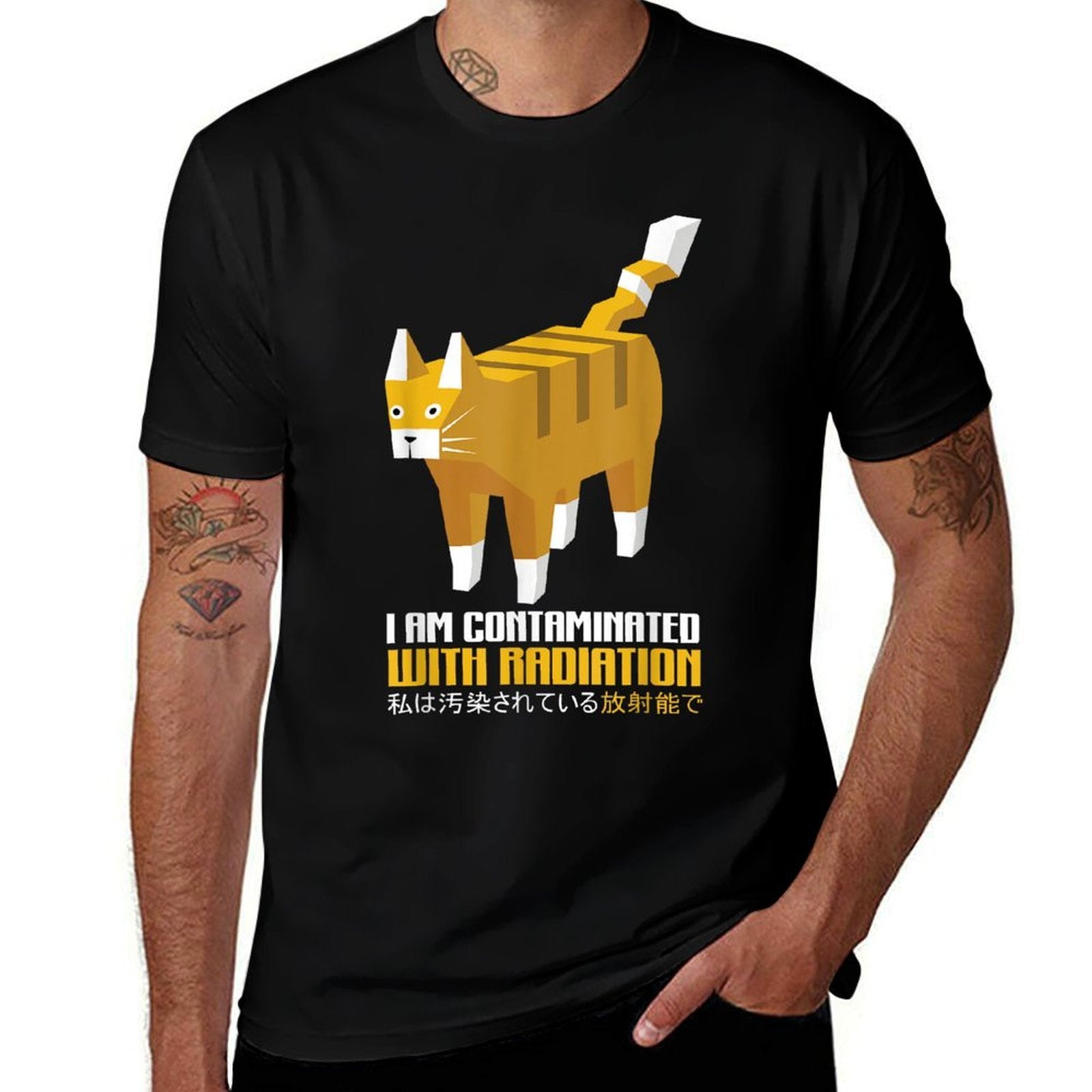 Funny Japanese Cat Meme I Am Contaminated With Radiation  Fade-proof Color T-Shirt