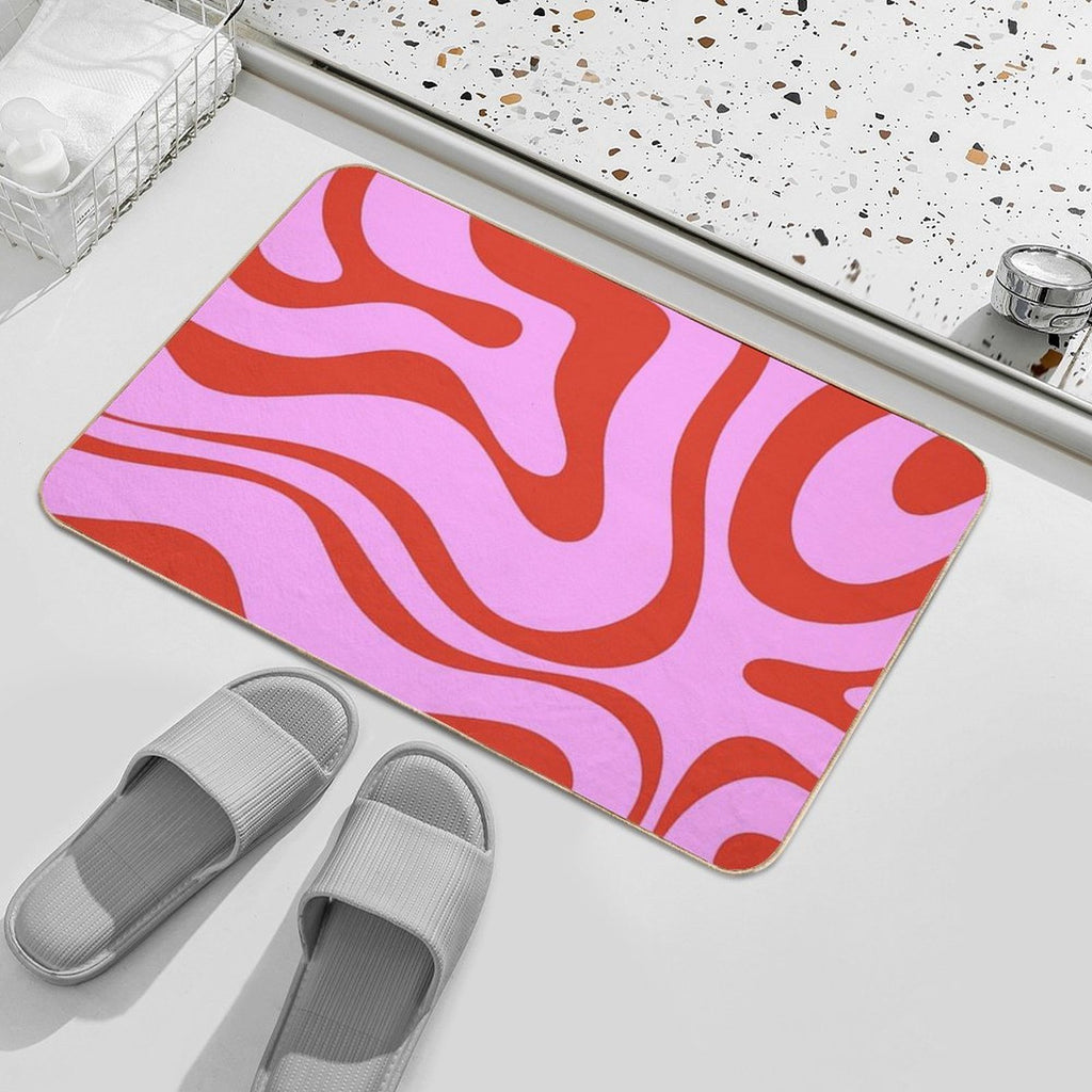 Modern Retro Liquid Swirl Abstract Pattern Square Red And Pink  Easy To Clean Bath Mat
