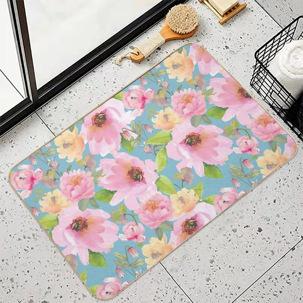 Rose And Peonies Aqua  Odorless Bath Mat