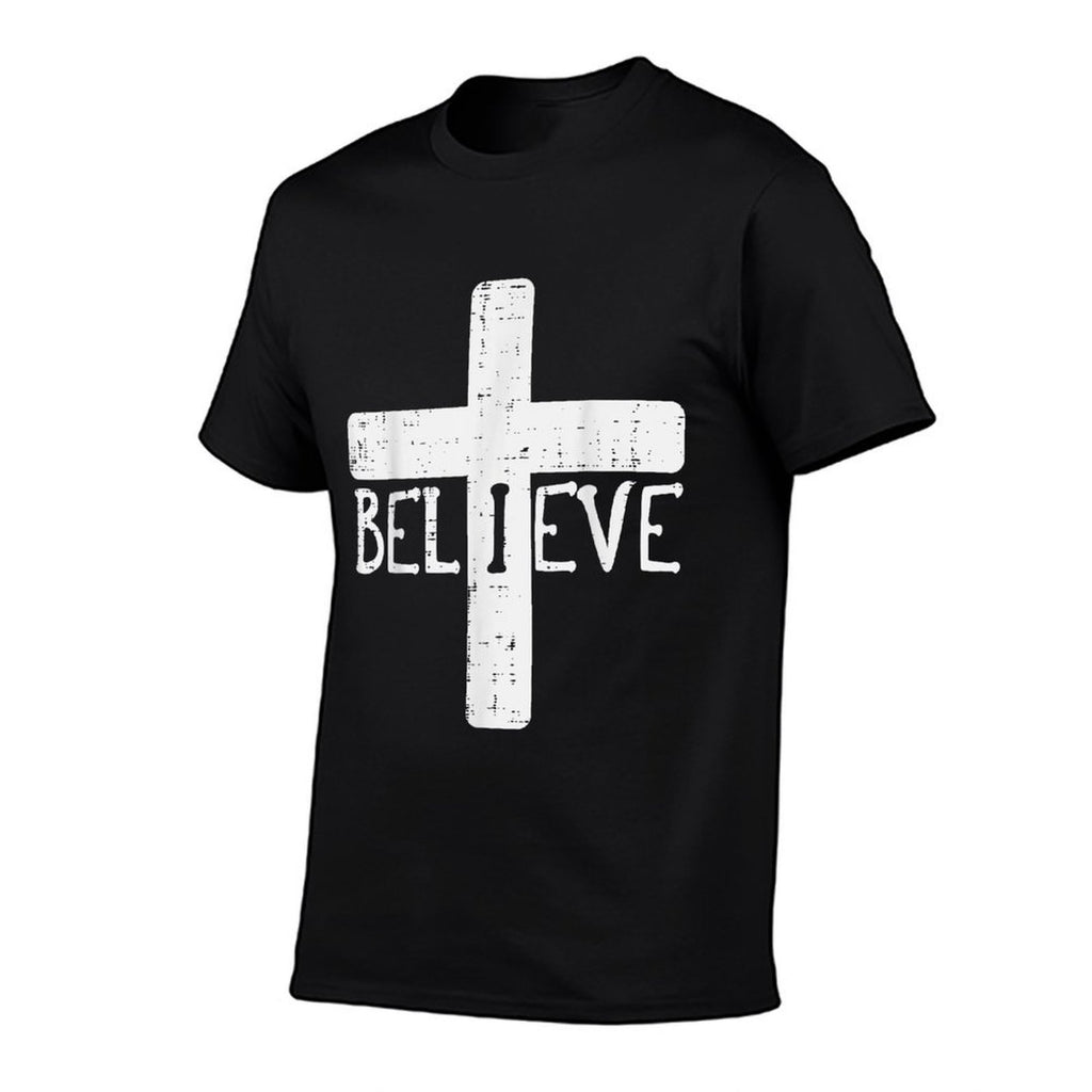 I Believe Cross God Jesus Faith Christian Men Women Kids  Ribbed Collar T-Shirt