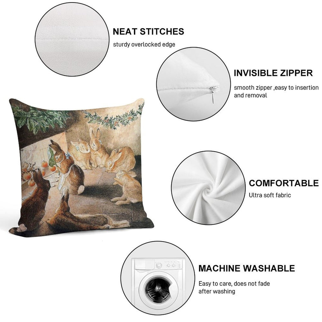 Christmas Rabbit Family Roasting Apples - Beatrix Potter Soft Shrink-Resistant Throw Pillow