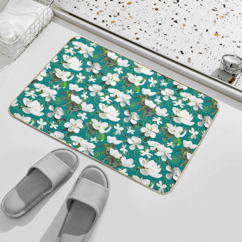 Bright Magnolia Floral Halfdrop on Teal 008080  Slip-Resistant Bath Mat