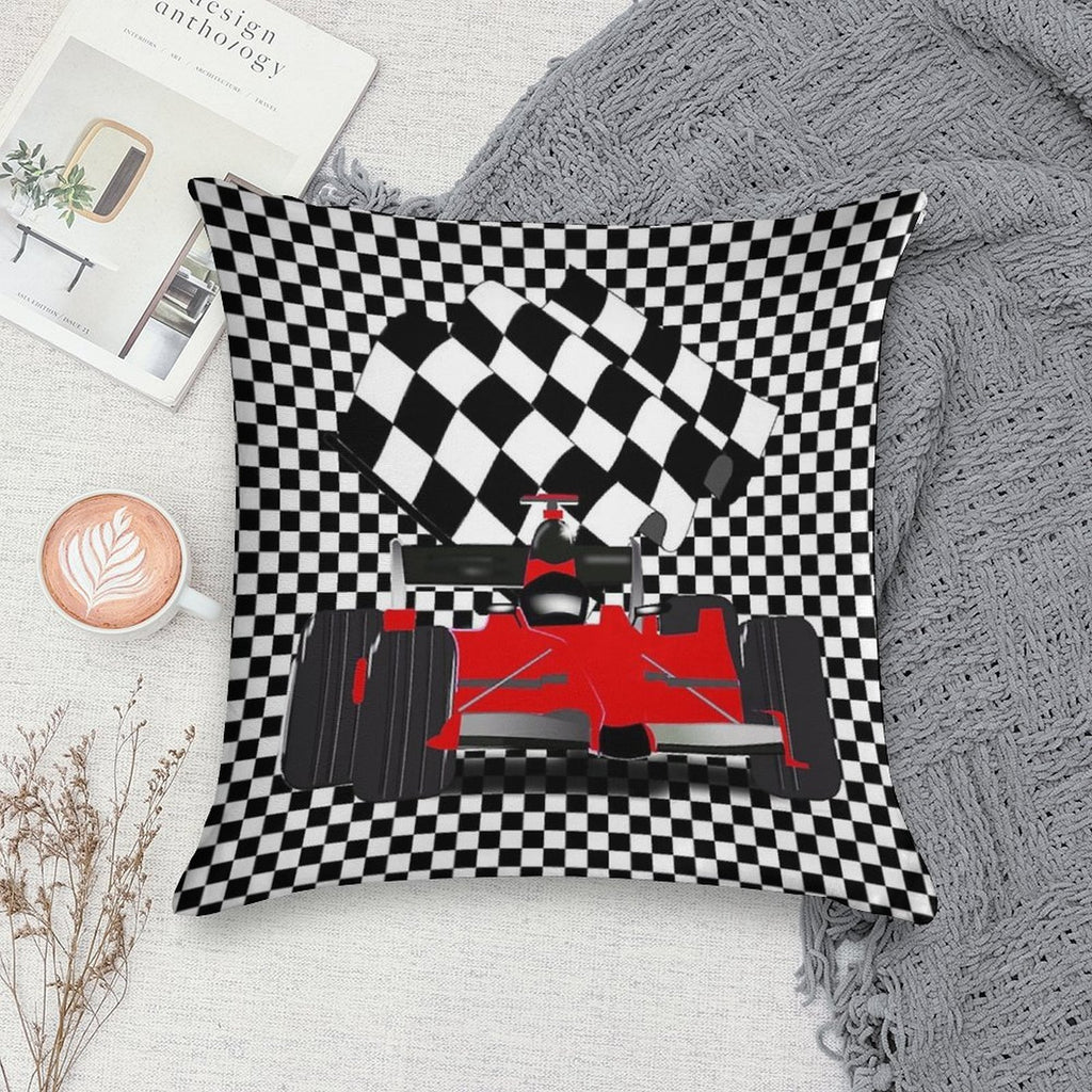 Red  Race Car with Checkered Flag Soft Shrink-Resistant Throw Pillow