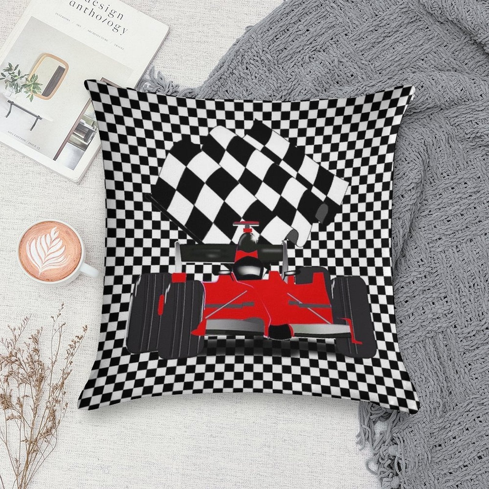 Red  Race Car with Checkered Flag Soft Shrink-Resistant Throw Pillow