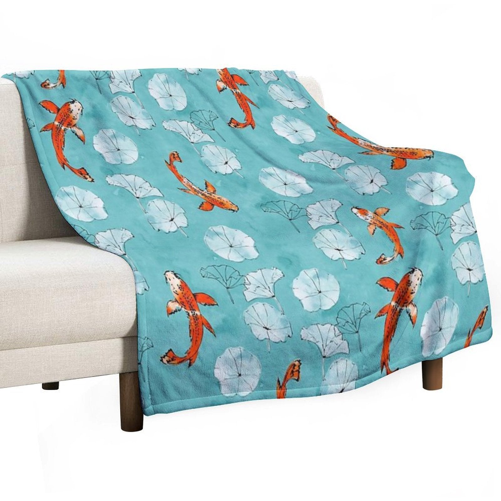 Waterlily Koi in Turquoise Easy Care Throw Blanket