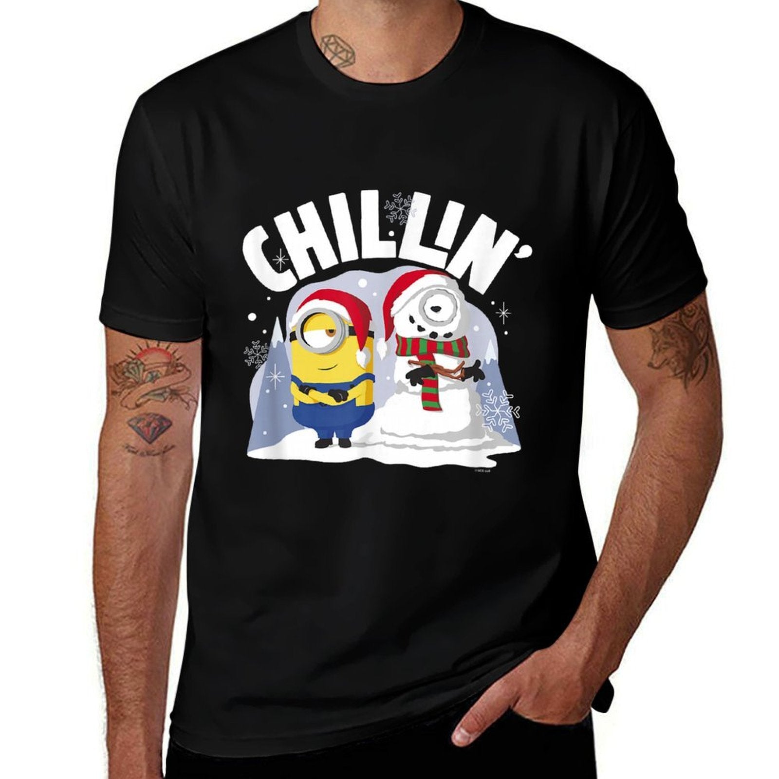 Minions Christmas Dave And Snowman Chillin Poster  Ribbed Collar T-Shirt