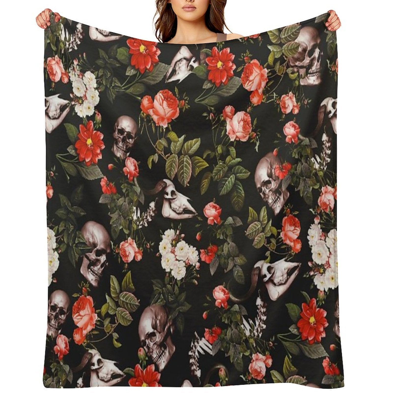 Skull And Floral Pattern Multi-functional Throw Blanket