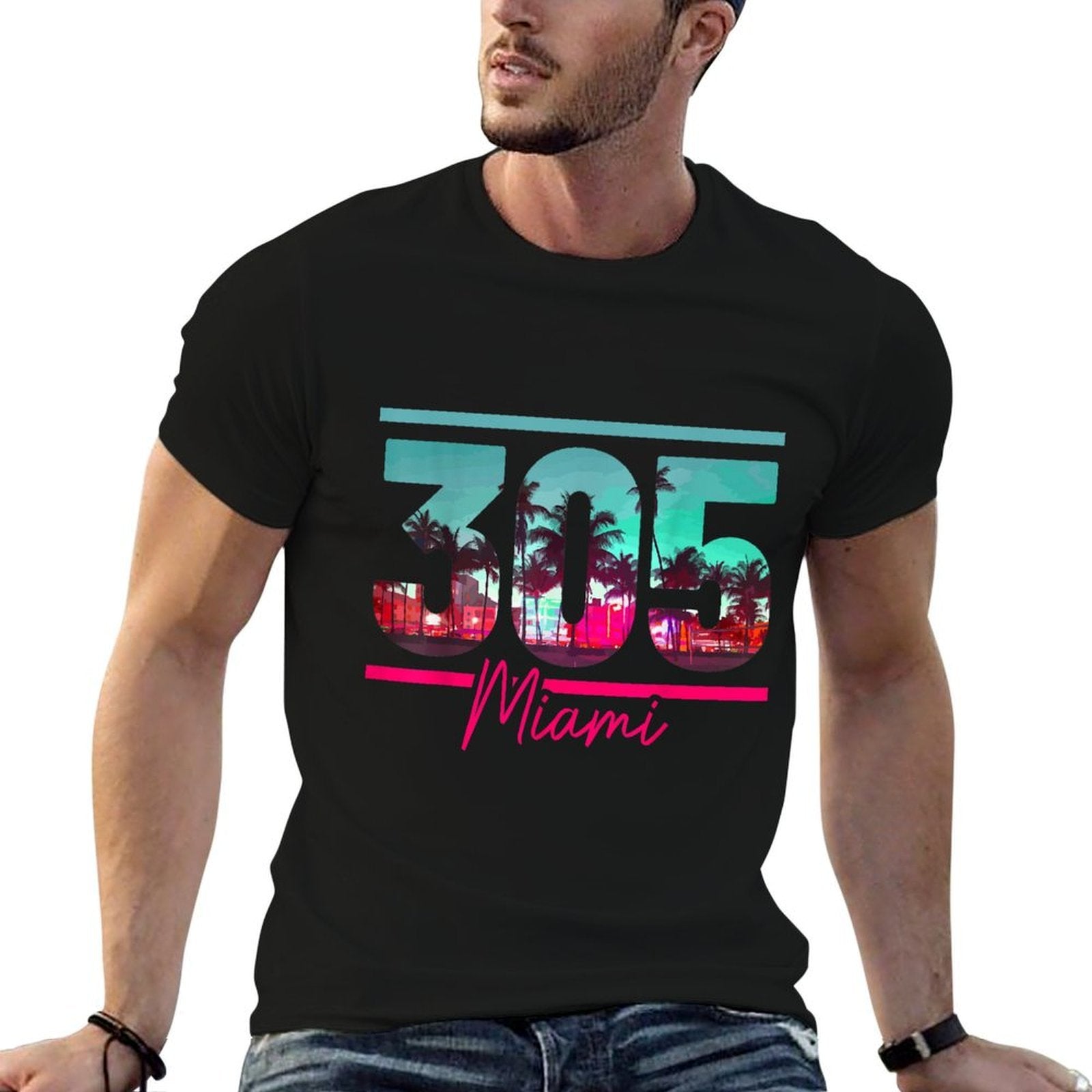 Miami 305 Area Code Florida Vintage Palm Trees Pride Retro  Wrinkle-resistant T-Shirt