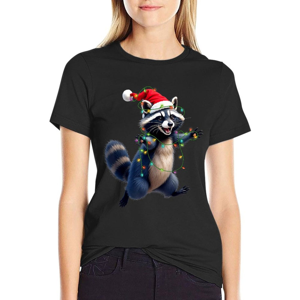 Funny Racoon Santa Hat Christmas Tree Lights Xmas PJS Kids  Graphic-printed T-Shirt