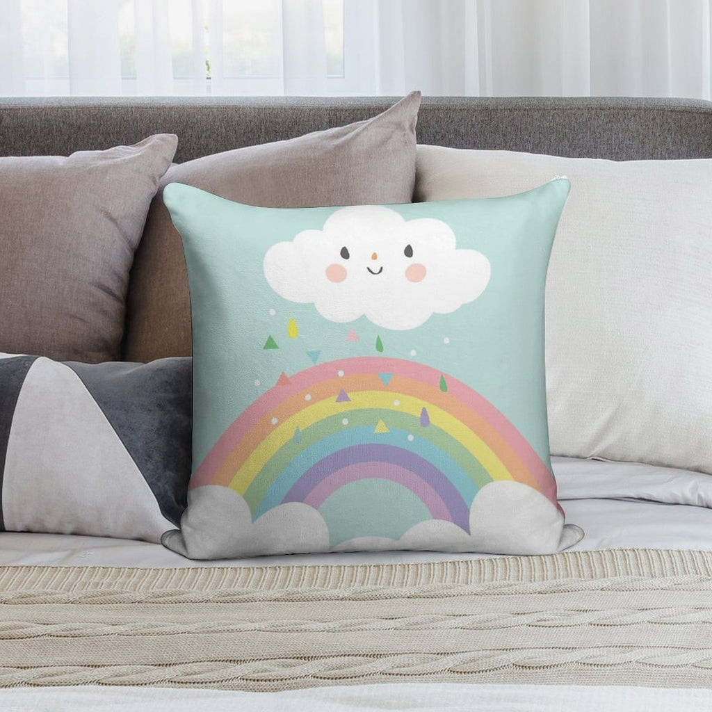 Rainbow Happy Little Cloud Pastel Rain And Sunshine Baby Nursery Art Print Canvas Design Soft Gift Ready Throw Pillow