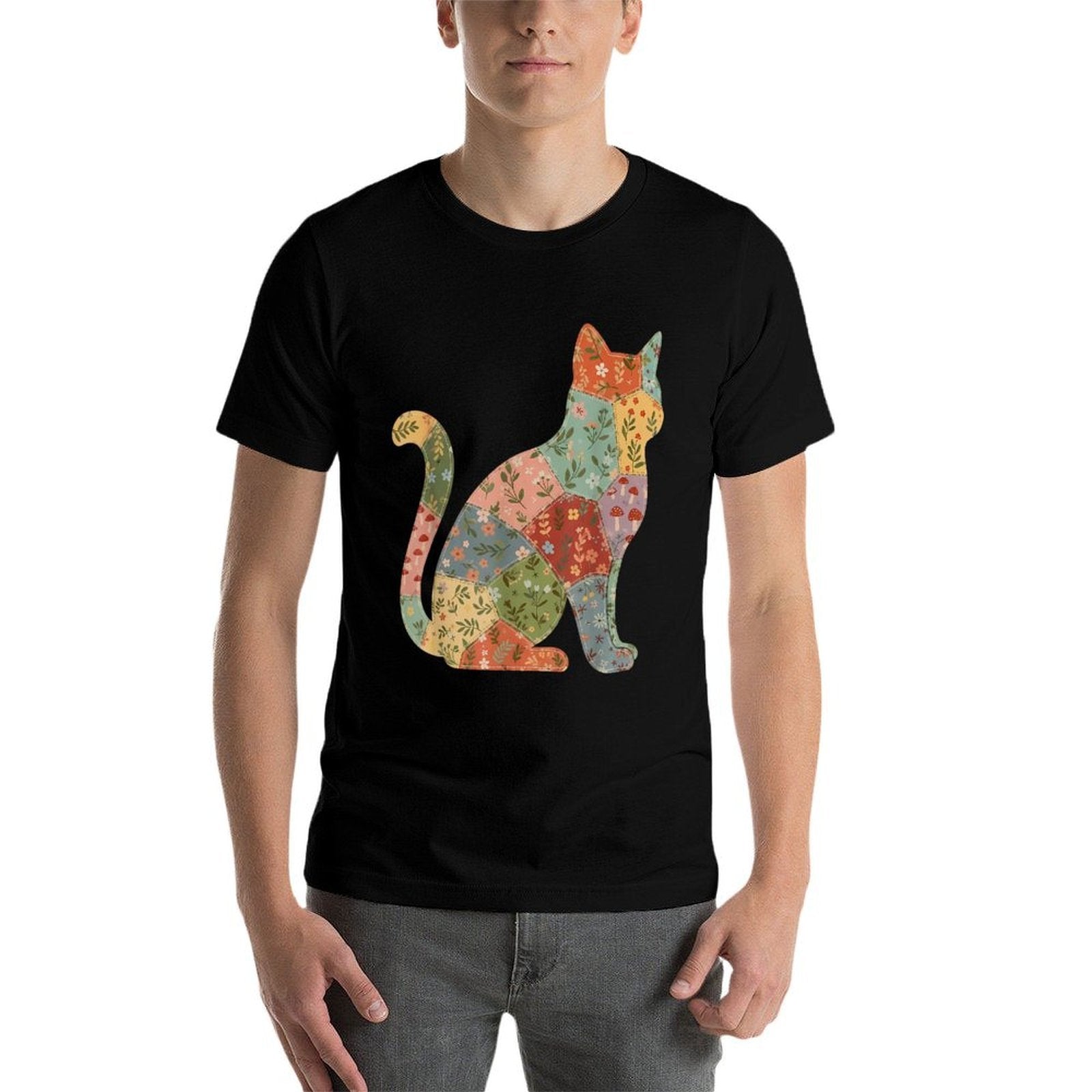 Vintage Cottagecore Boho Floral Patchwork Cat Quilt Art  Oversized Silhouette T-Shirt
