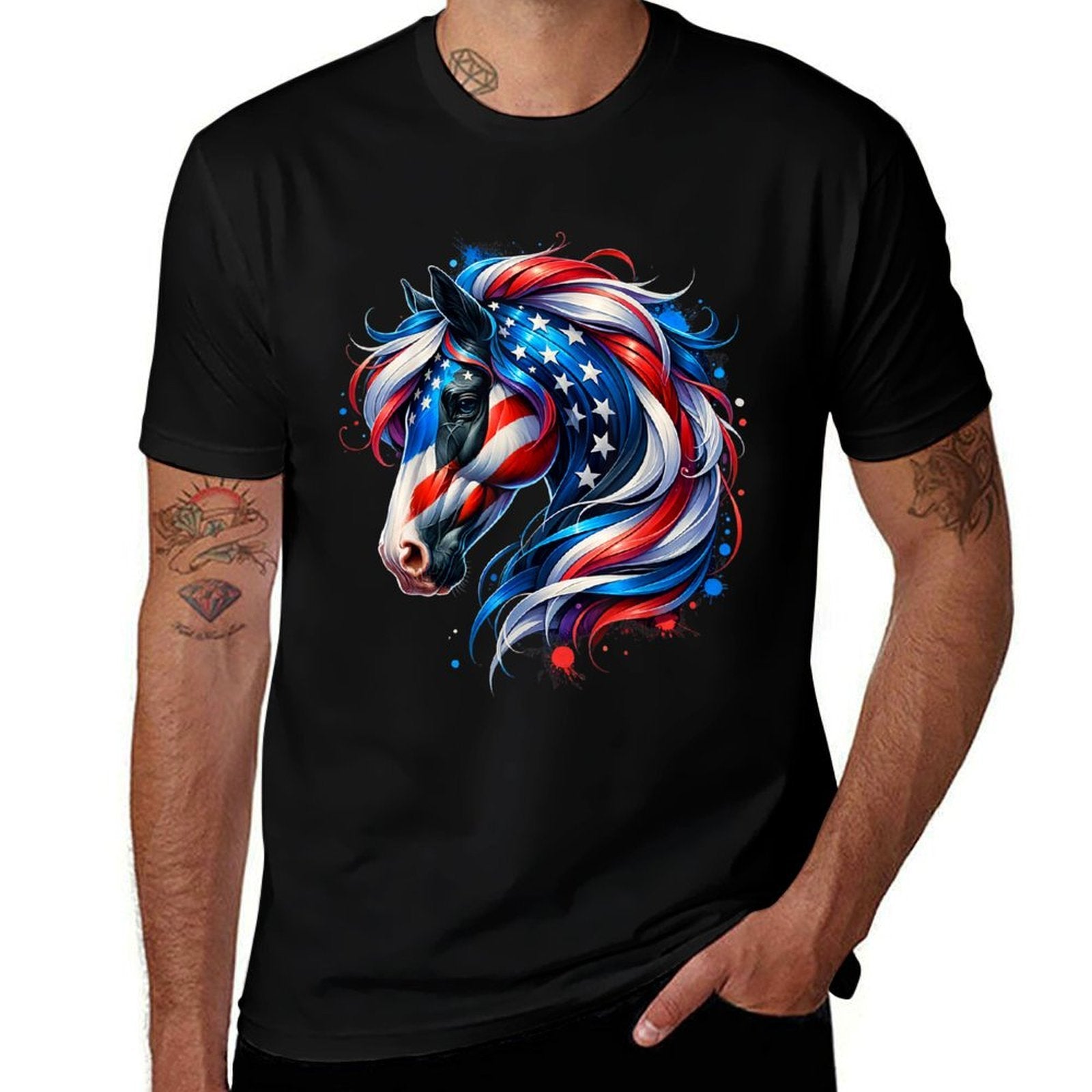 Horse 4th Of July Patriotic Horse Graphic American Women Girls Kids Men  Tagless Design T-Shirt