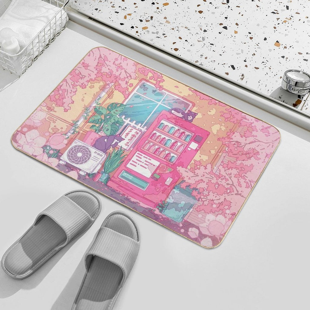 The Stray Cats, Wending Machine And Pink Cherry Blossom Durable Bath Mat