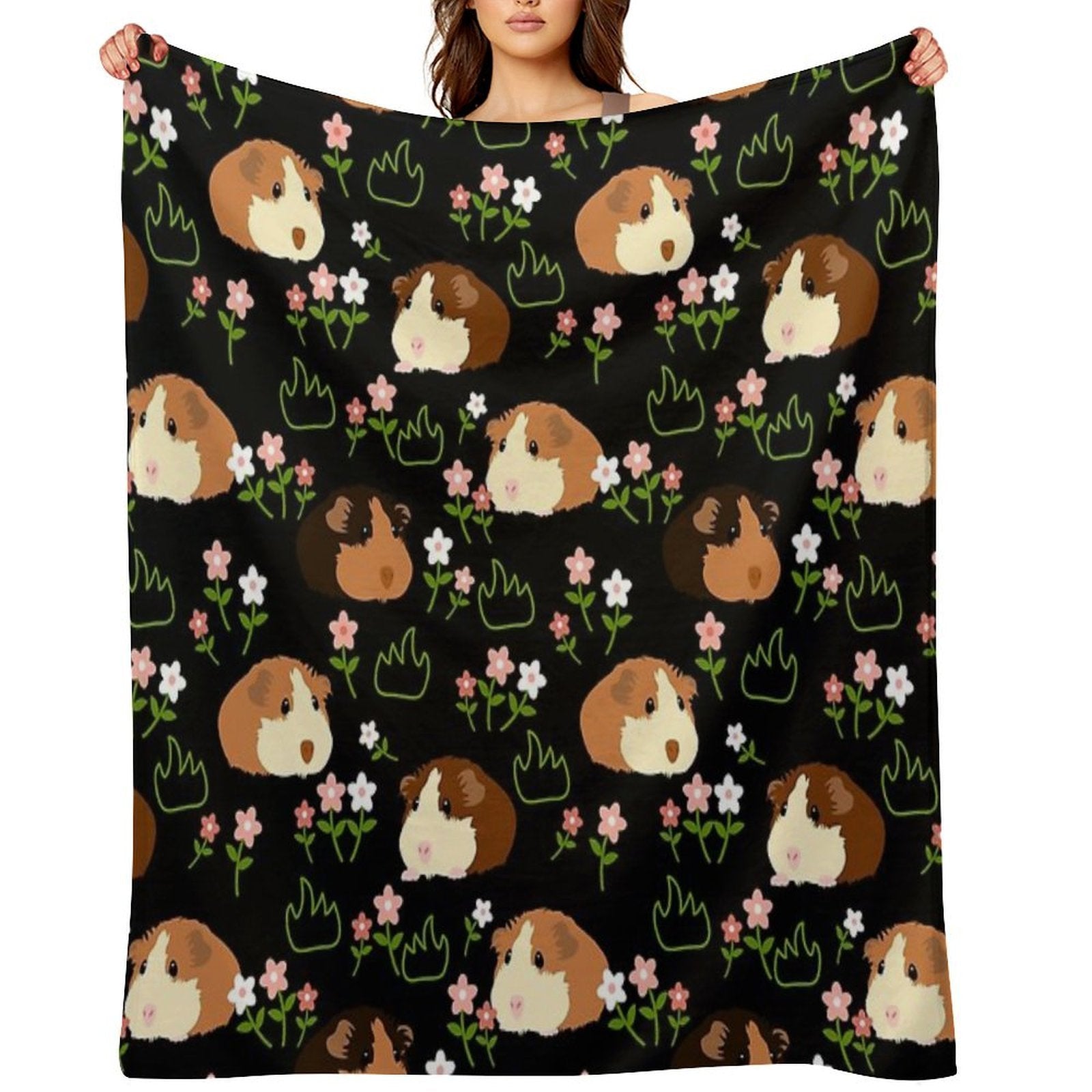 Guinea Pig And Flowers - Black Machine-washable Throw Blanket