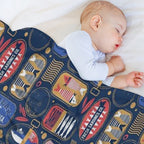 Vintage Canned Sardines  Navy Blue Background Electric Blue And Mandy Red Cans Premium Throw Blanket