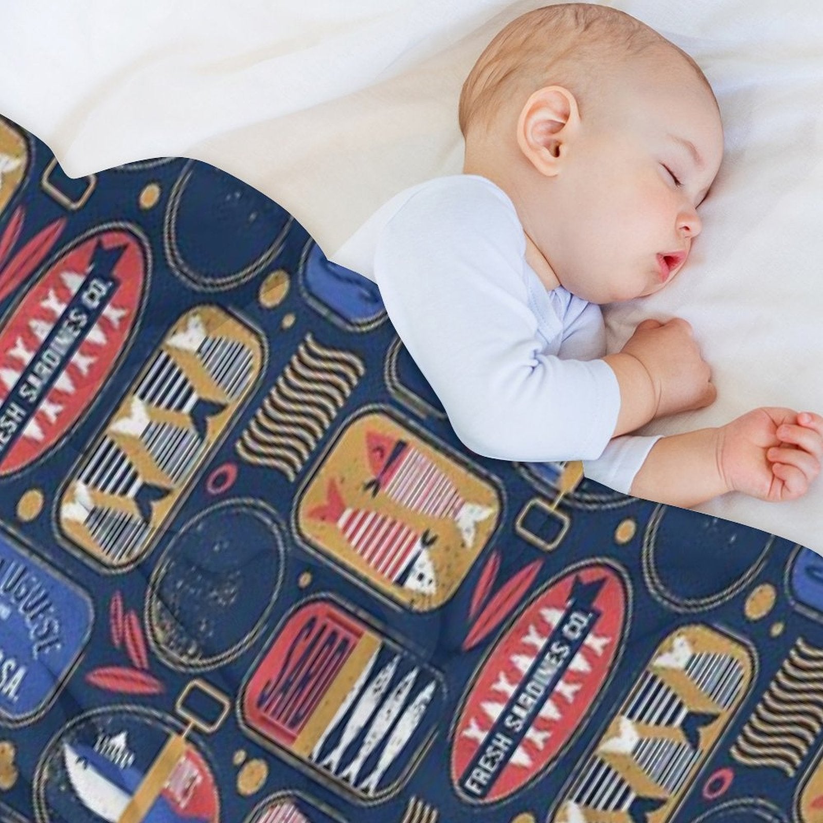 Vintage Canned Sardines  Navy Blue Background Electric Blue And Mandy Red Cans Premium Throw Blanket