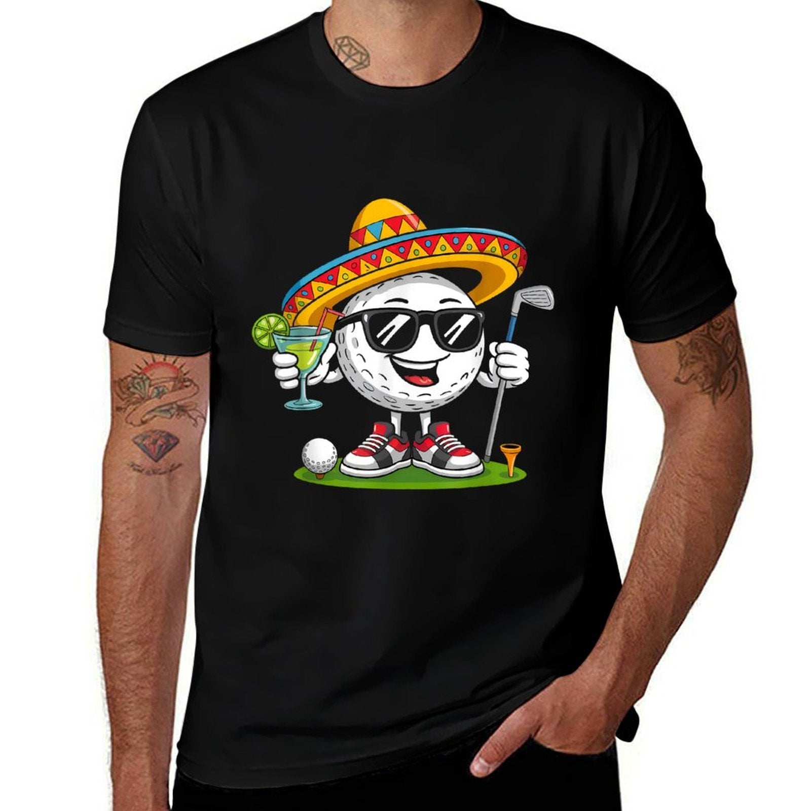 Funny Cinco De Mayo Golf Ball With Sombrero Margarita Golfer  Ribbed Collar T-Shirt