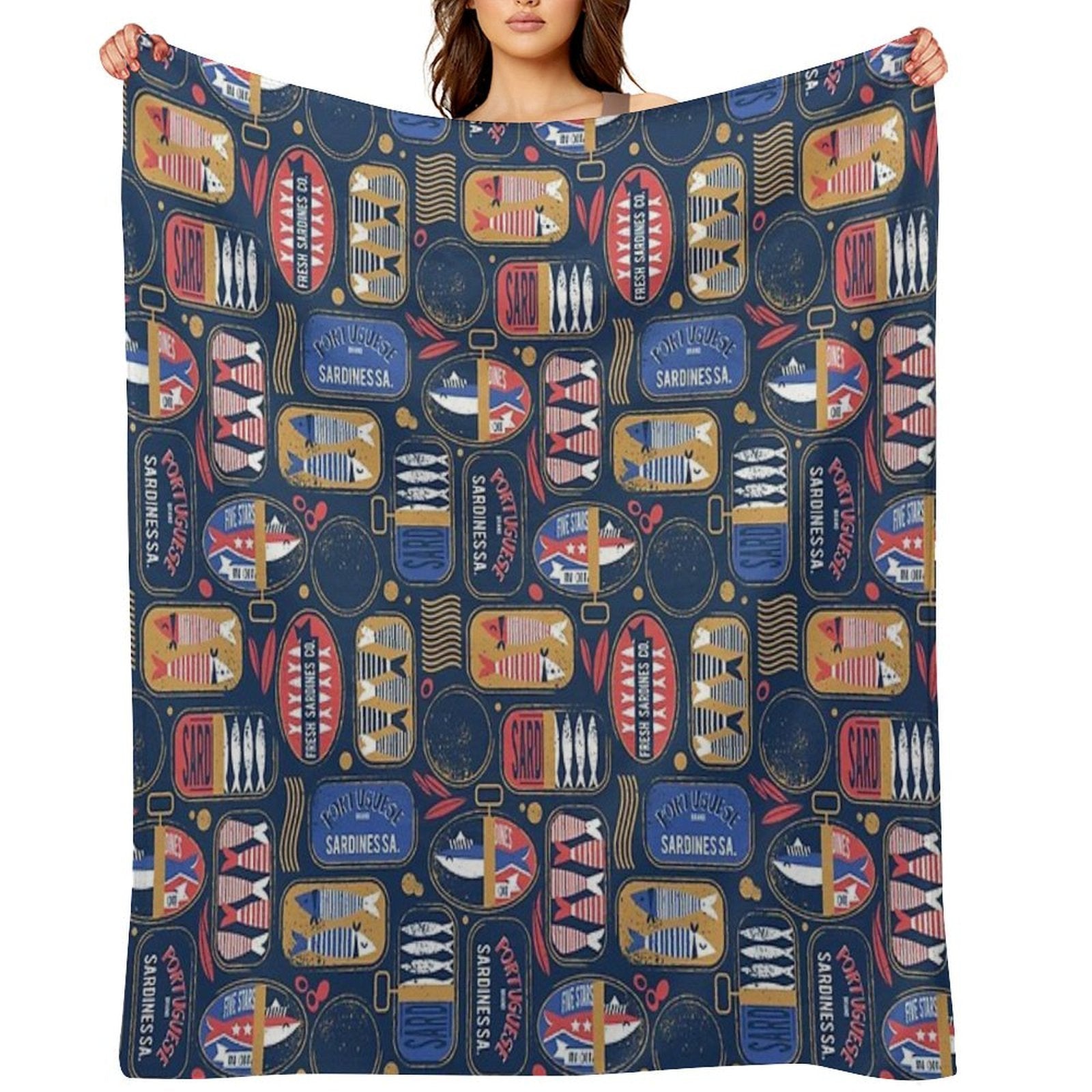 Vintage Canned Sardines  Navy Blue Background Electric Blue And Mandy Red Cans Premium Throw Blanket