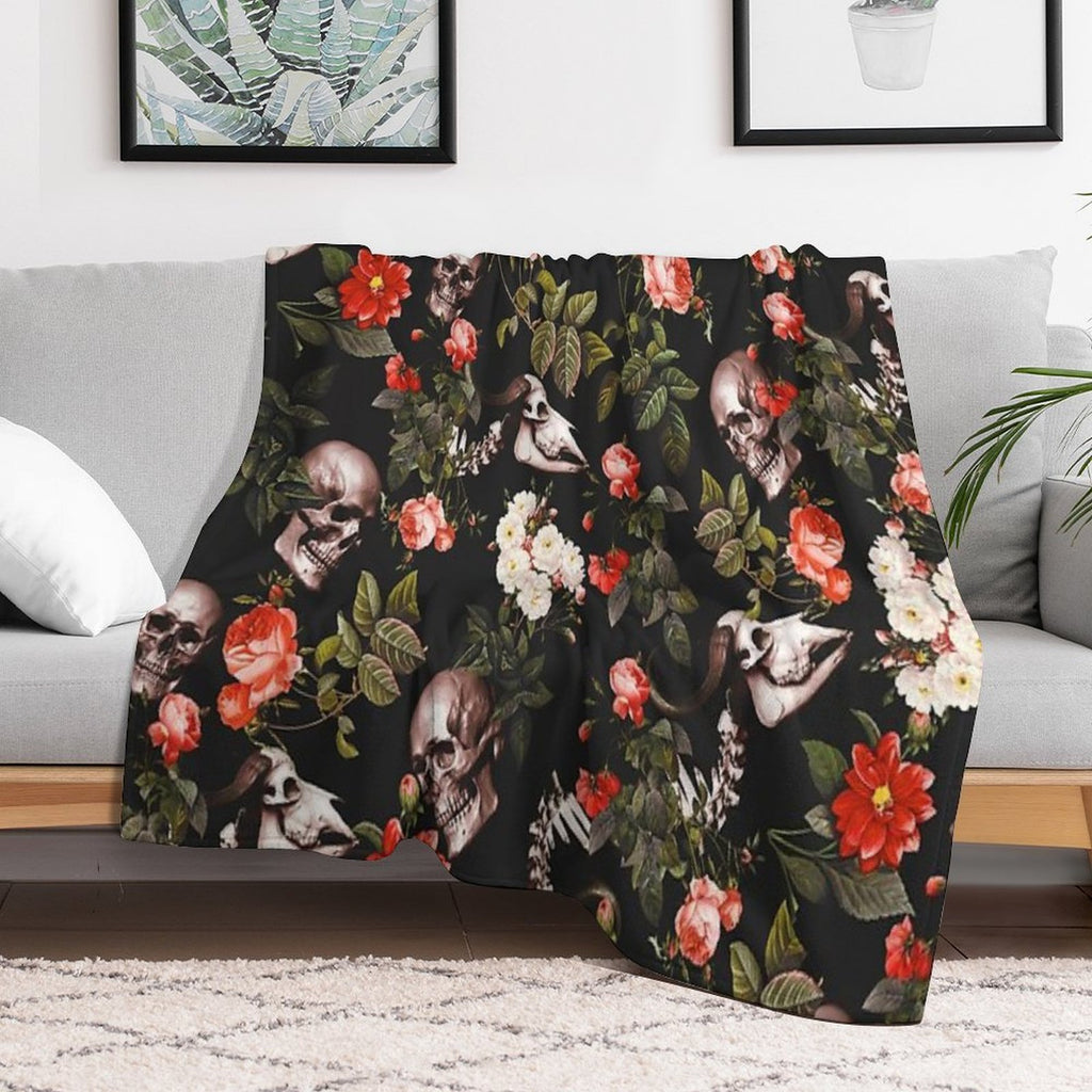Skull And Floral Pattern Multi-functional Throw Blanket