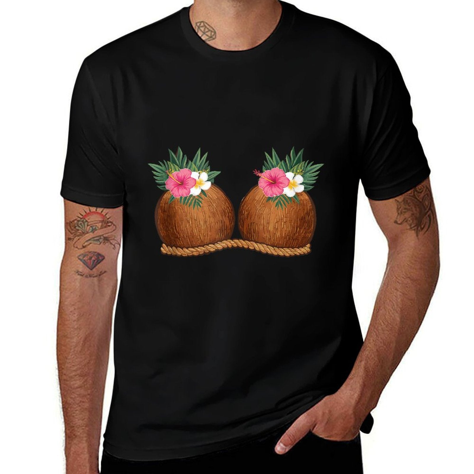 Funny Coconut Boobs Tiki Luau Hula Hawaiian Coconut Bra  Rolled Sleeves T-Shirt