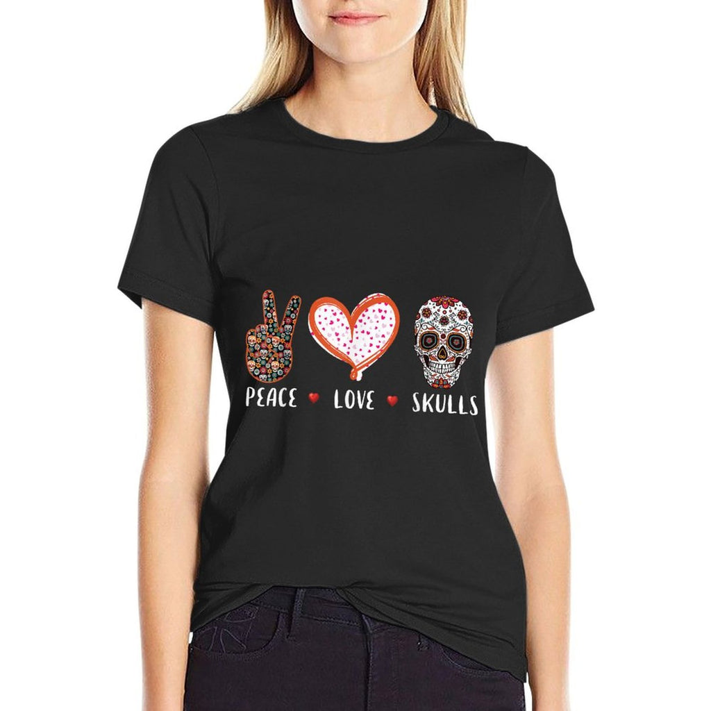 Peace Love Skulls Men Women Kids Boys Girls Sugar Skull  Rolled Sleeves T-Shirt
