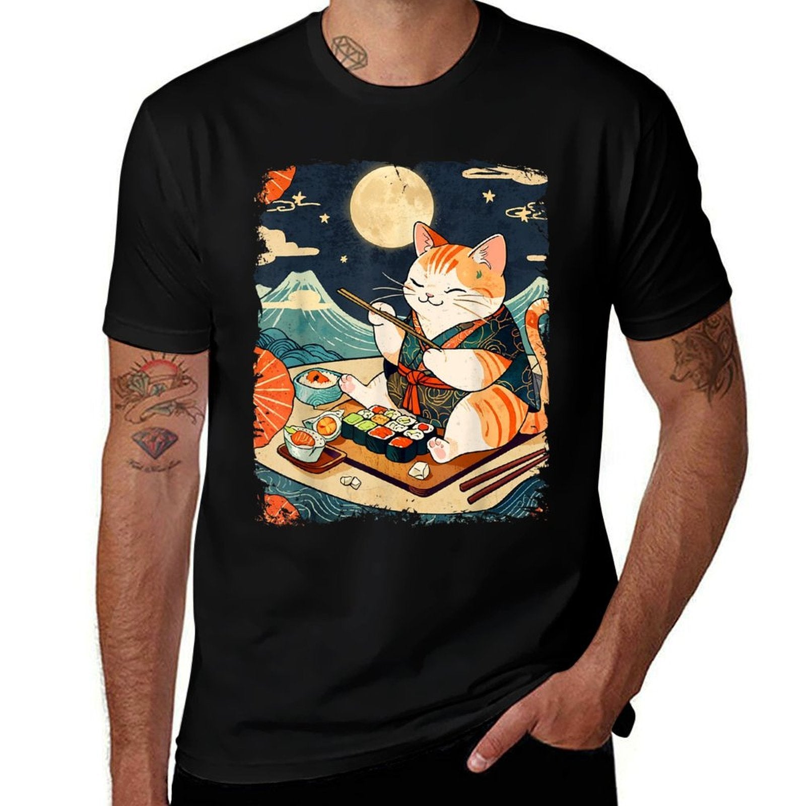 Cat Eating Sushi Japanese Anime Manga Kawaii Cat Ukiyo-e Art  Durable T-Shirt