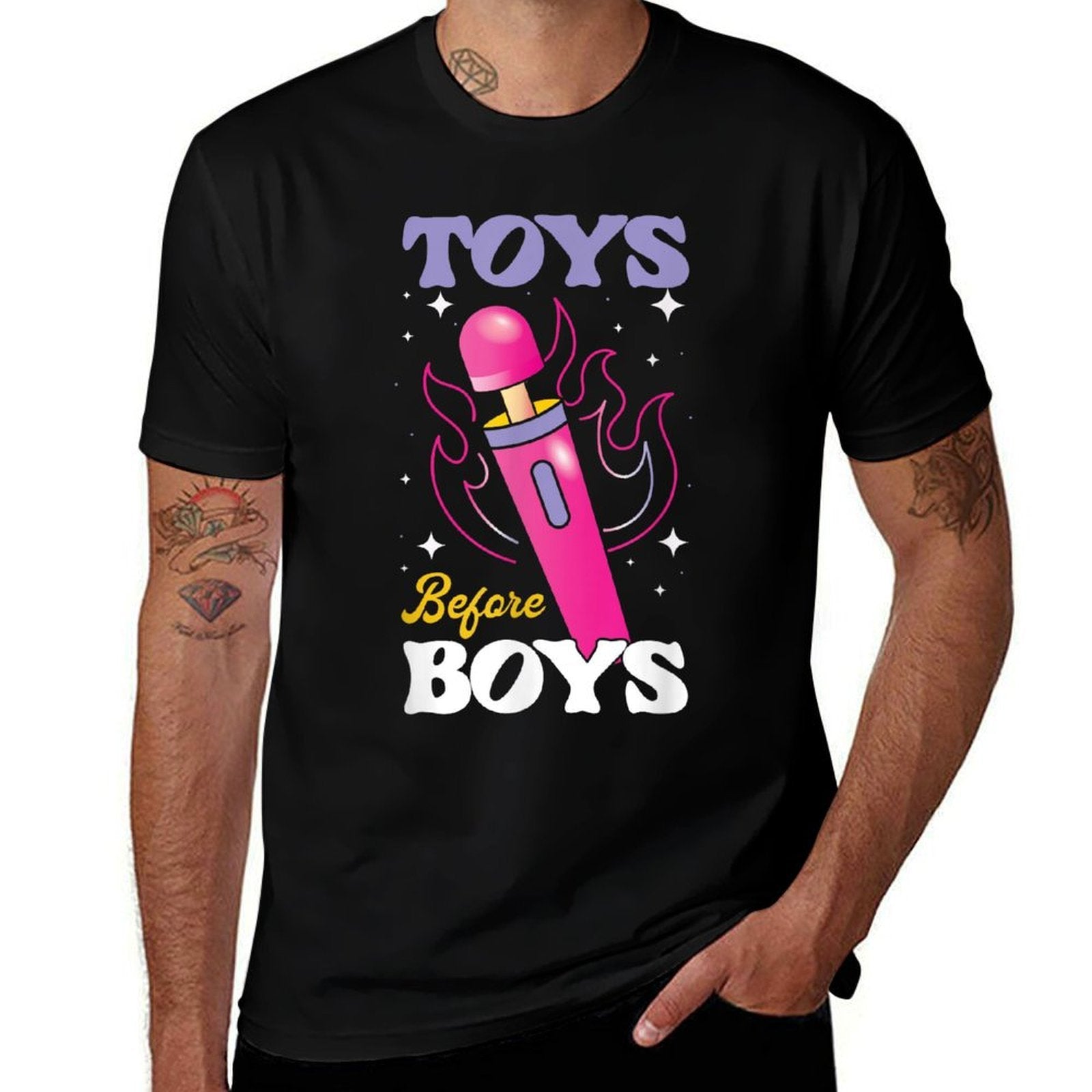 Funny Toy in Front of Boys  Humour for Adults  Rolled Sleeves T-Shirt