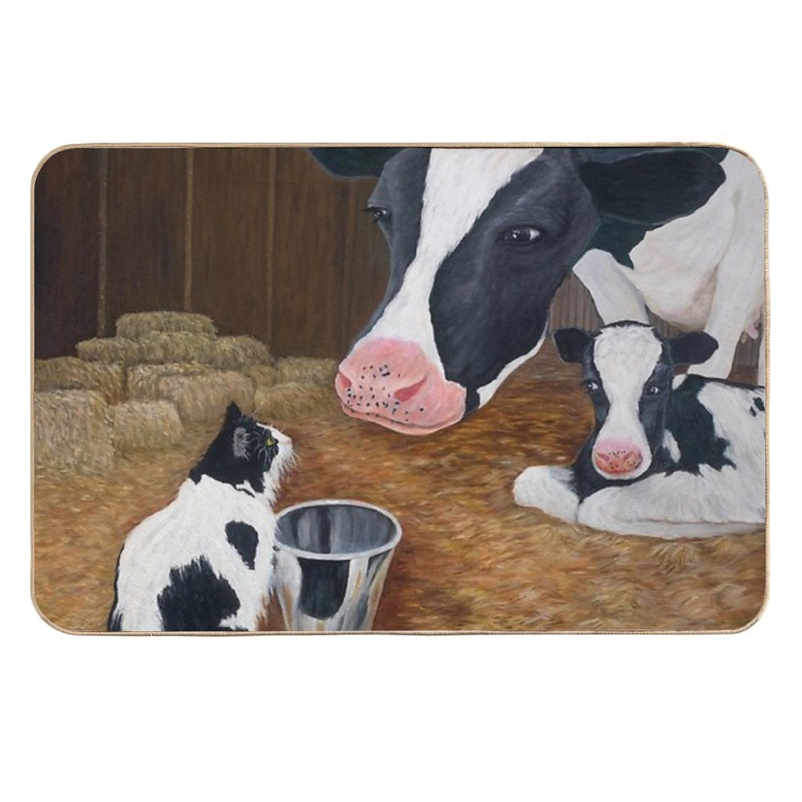 Cat, Cow And Calf. Barn Scene Encounter. Durable Bath Mat