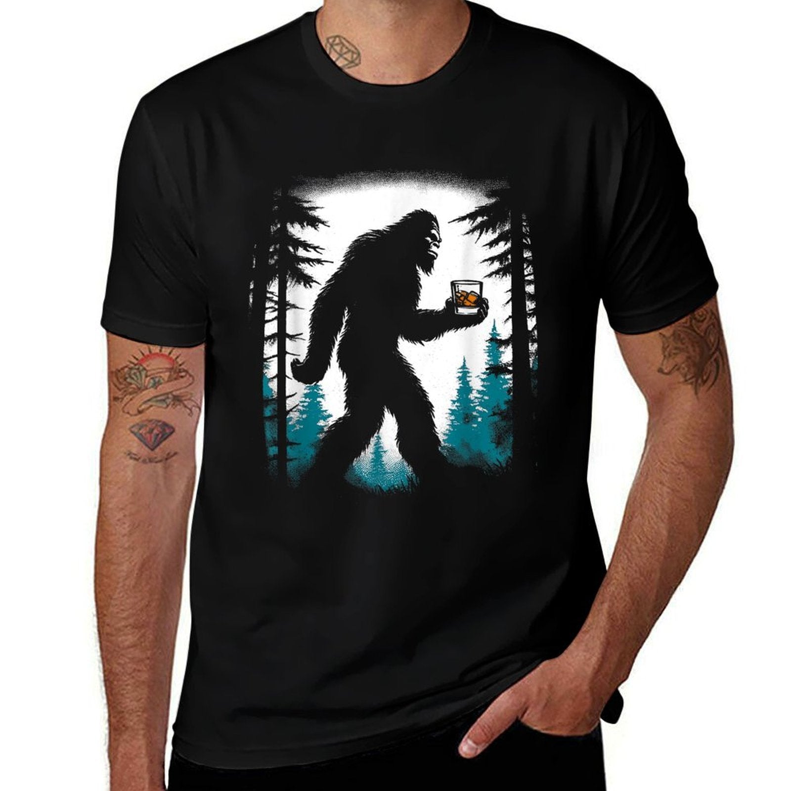 Bigfoot Drinking Whiskey - Funny Bigfoot Sasquatch Lover  Rolled Sleeves T-Shirt