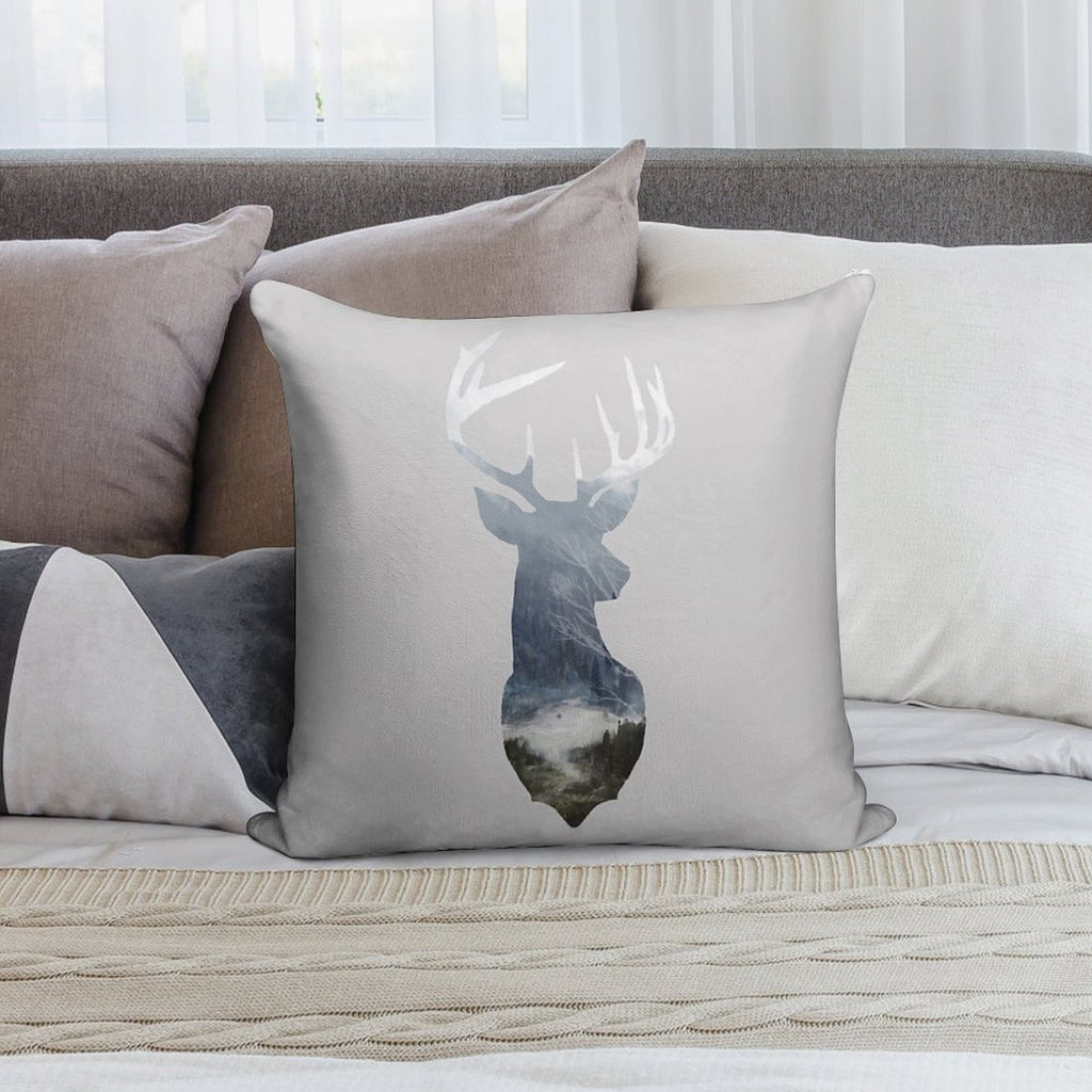 Deer Silhouette in Misty Forest Wild River Scene Soft Washable Throw Pillow