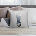 Deer Silhouette in Misty Forest Wild River Scene Soft Washable Throw Pillow
