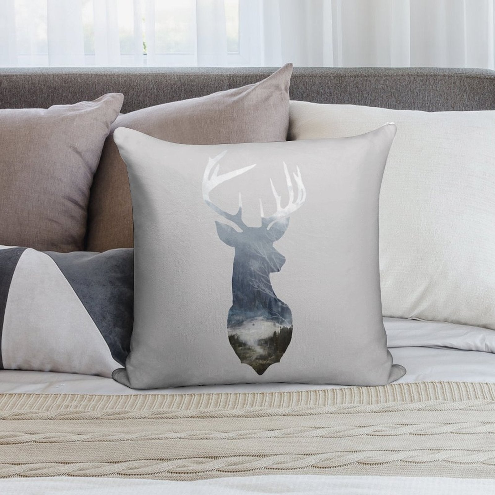 Deer Silhouette in Misty Forest Wild River Scene Soft Washable Throw Pillow