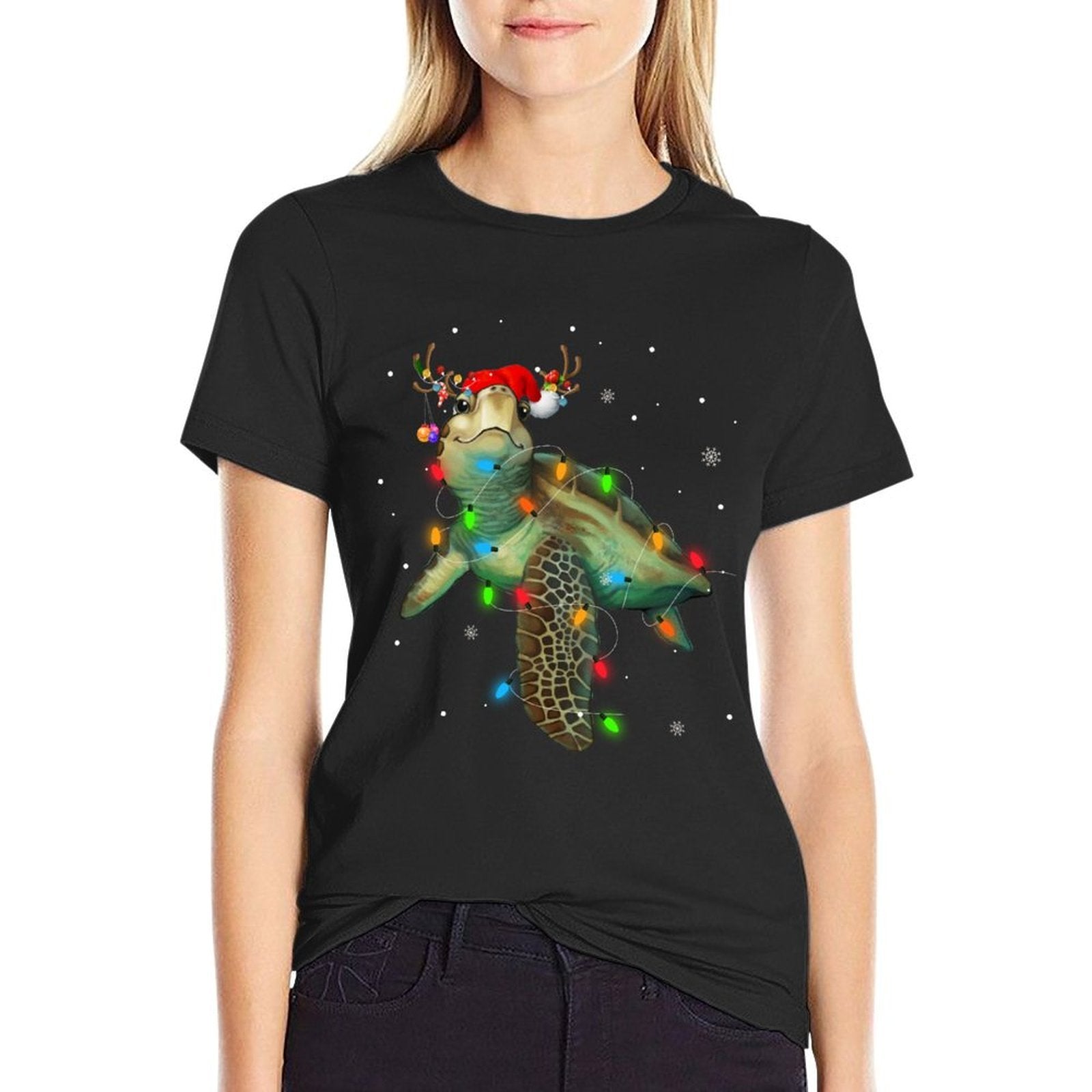 Sea Turtle Christmas Lights Funny Santa Hat Merry Christmas  Trendy Pattern T-Shirt
