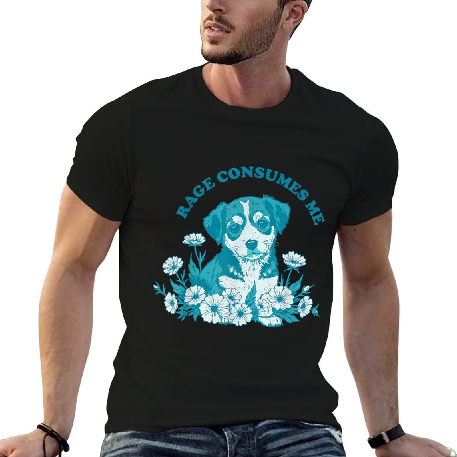 Rage Consumes Me Cute Puppy Dog Flower Funny Meme Men Women  Stretchy T-Shirt