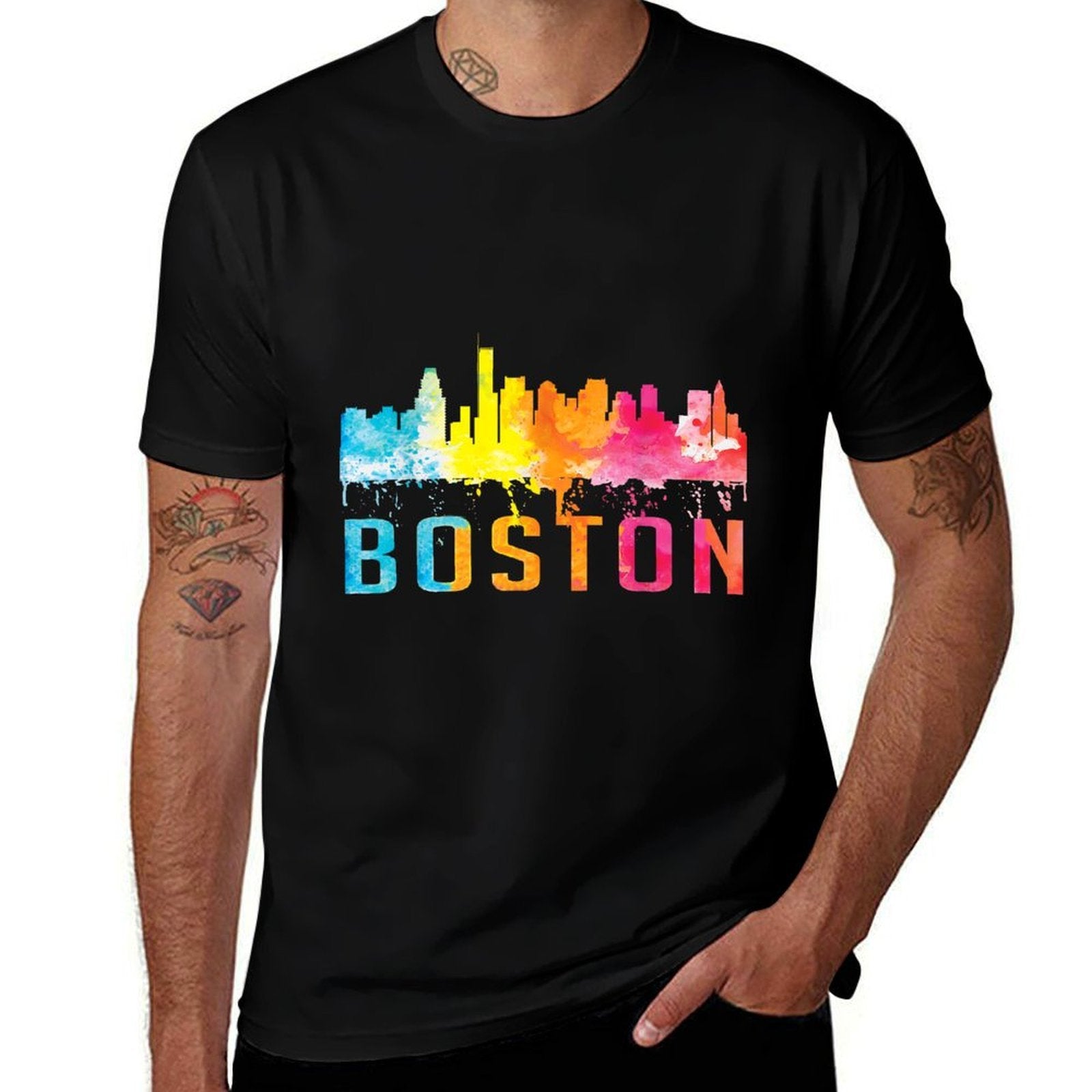 Boston Massachusetts Retro Watercolor Skyline Souvenir  Versatile T-Shirt