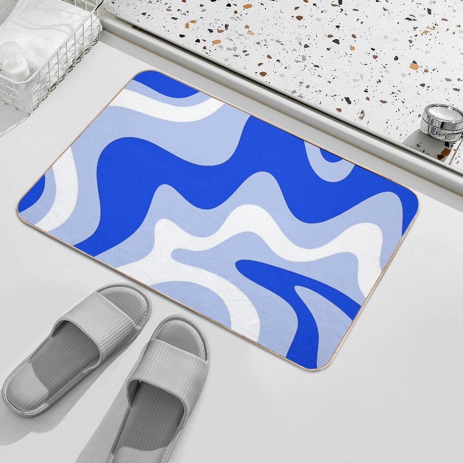 Retro Liquid Swirl Abstract Pattern Square in Royal Blue, Light Blue, And White  Eco-Friendly Bath Mat